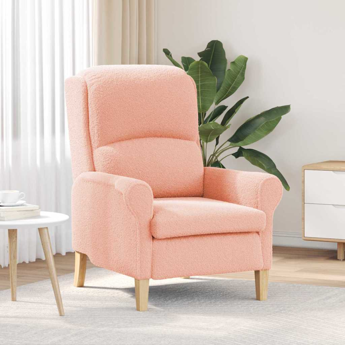 VidaXL armchair in soft peach fabric with a solid plywood frame and light wooden legs in a cozy living room.