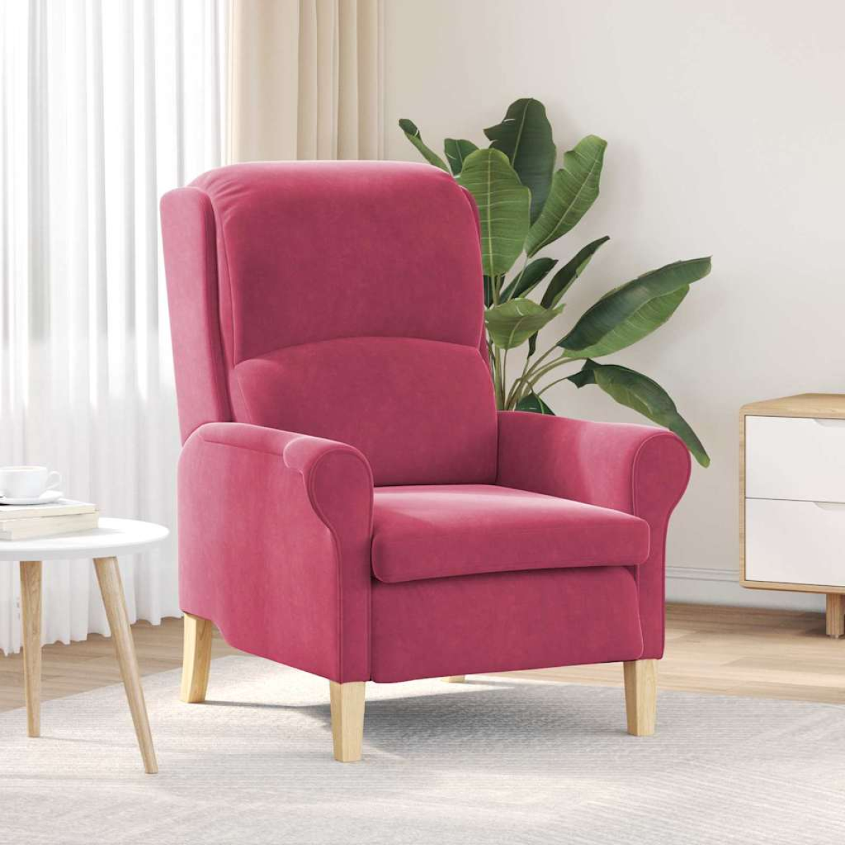 VidaXL velvet pink armchair, 76x94x102 cm, high back, rounded arms, light wood legs in a modern living room.