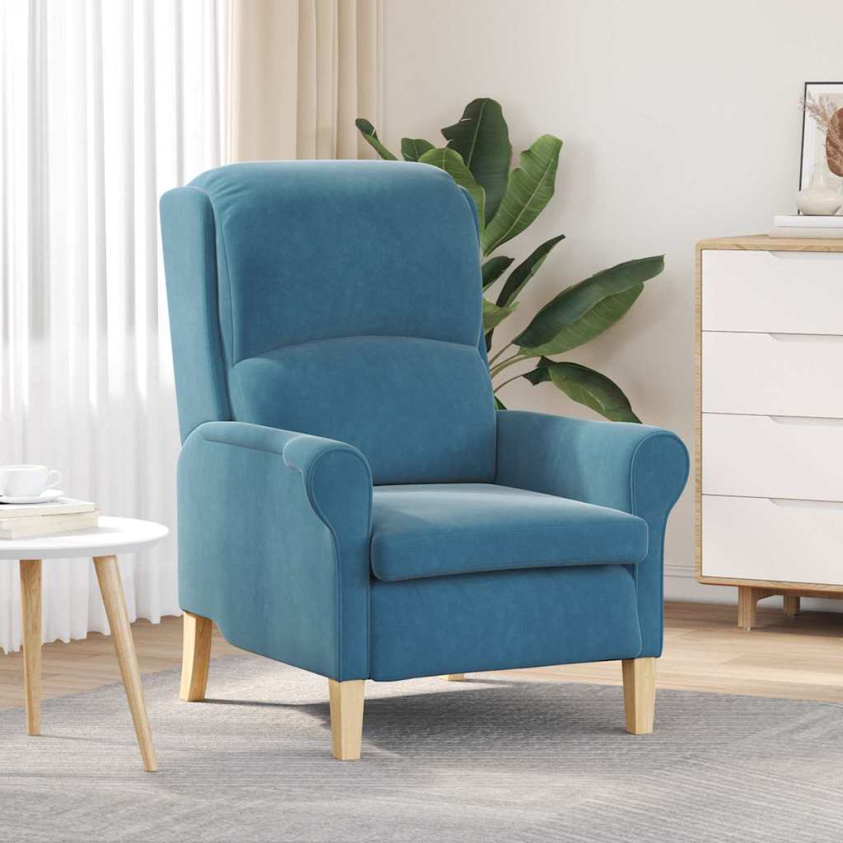 VidaXL blue velvet armchair with high back, rounded arms, and wooden legs in a living room.