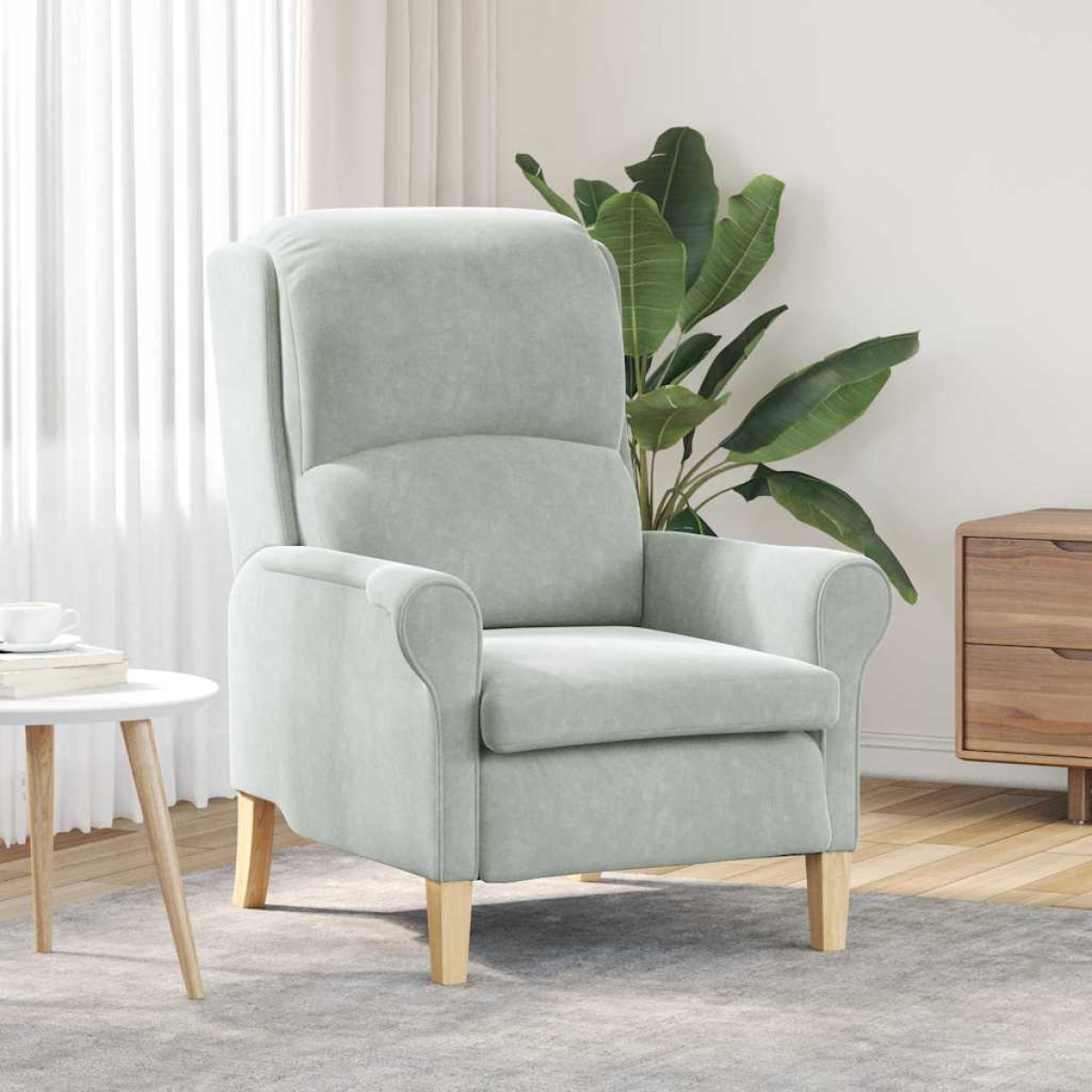 VidaXL velvet armchair in pale blue upholstery with high back and rounded arms, wooden legs in a modern living room.