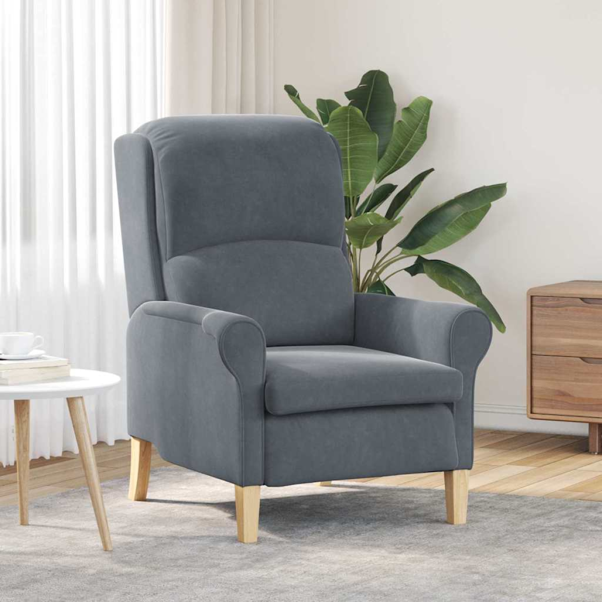 Blue-gray velvet VidaXL armchair with tall back, curved arms, and wooden legs in a bright living room.
