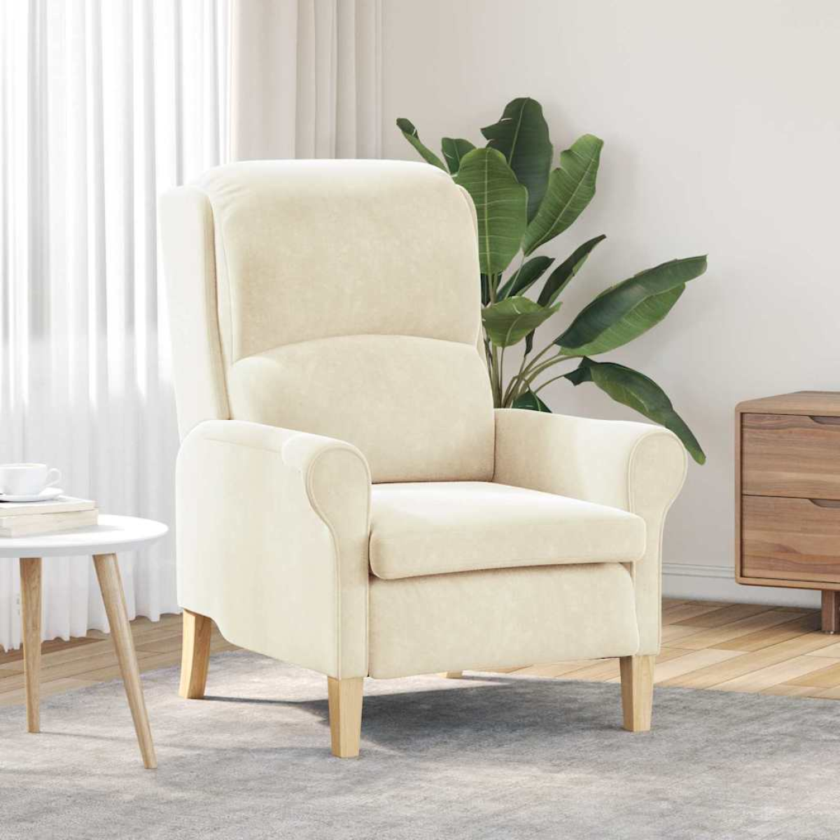 VidaXL cream velvet armchair with high back and rounded arms in a living room setting.