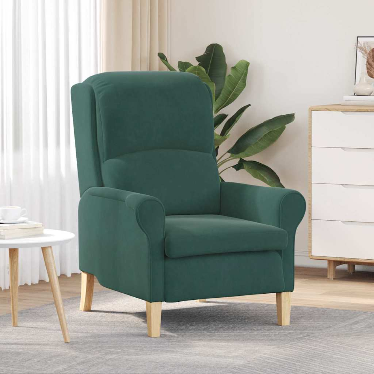 VidaXL velvet armchair, 76x94x102 cm, green upholstery, high back, rounded arms in a modern living room.