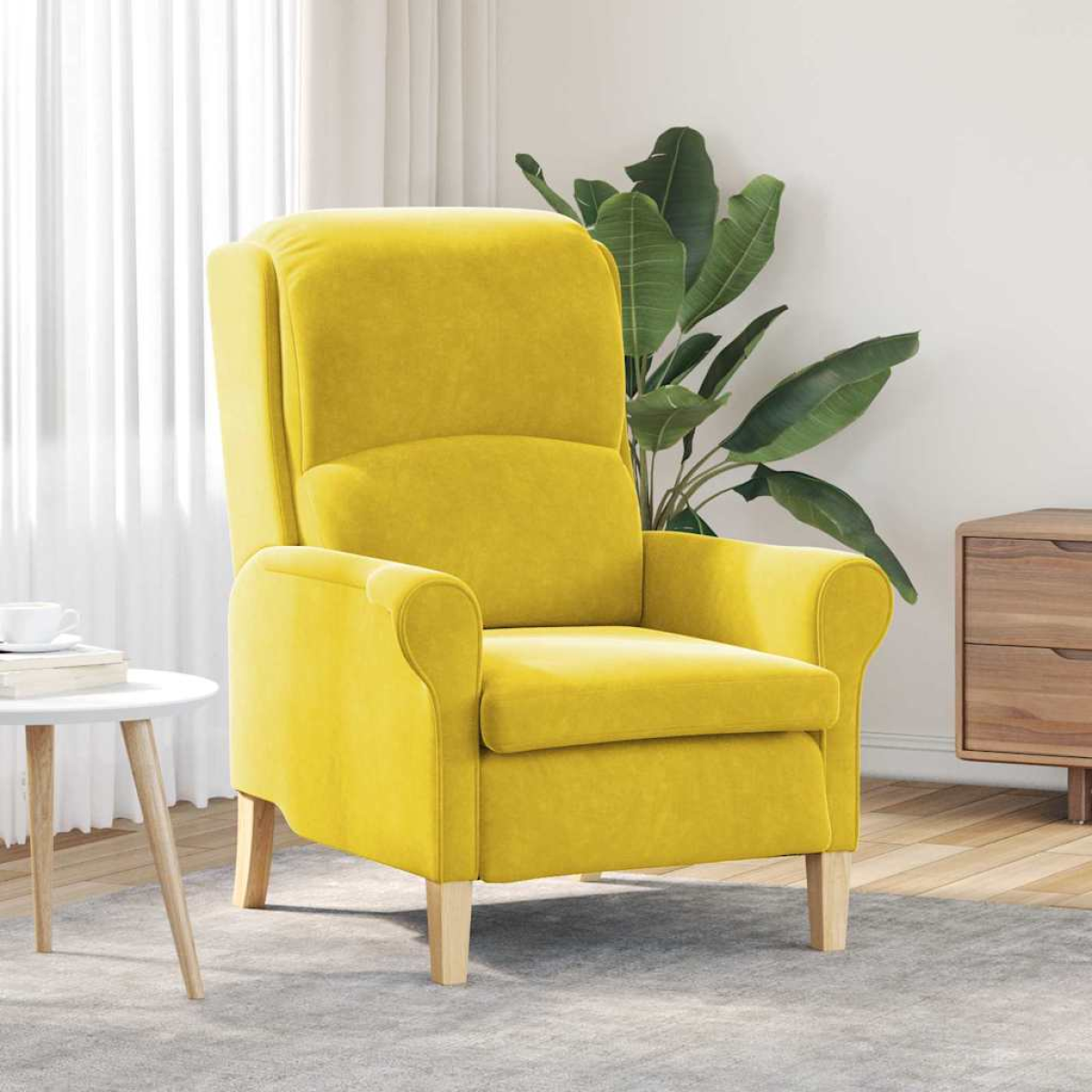 VidaXL yellow velvet armchair with high back and rounded arms in a bright living room.