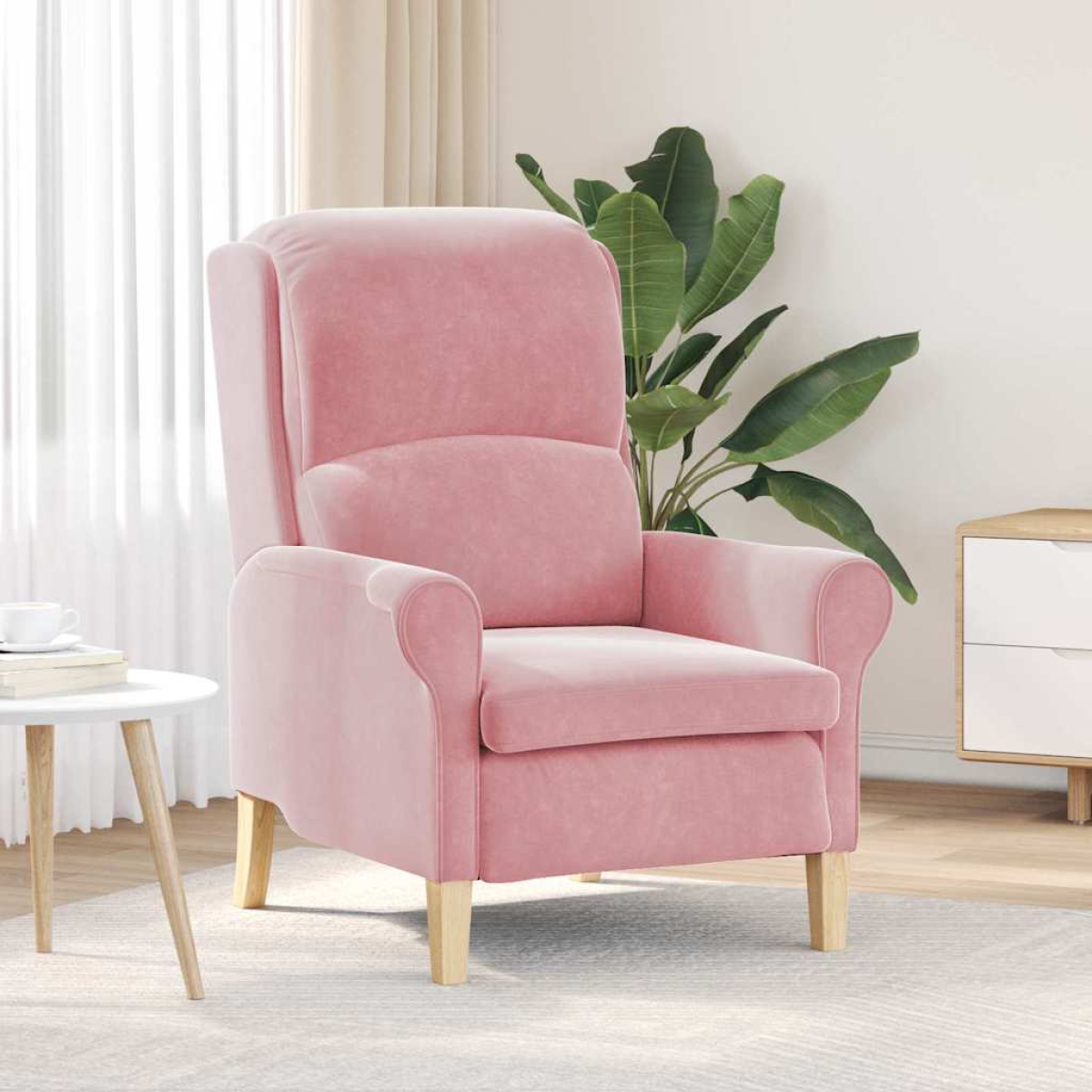 VidaXL velvet pink armchair (76x94x102 cm) with high back and rounded arms in a modern living room.