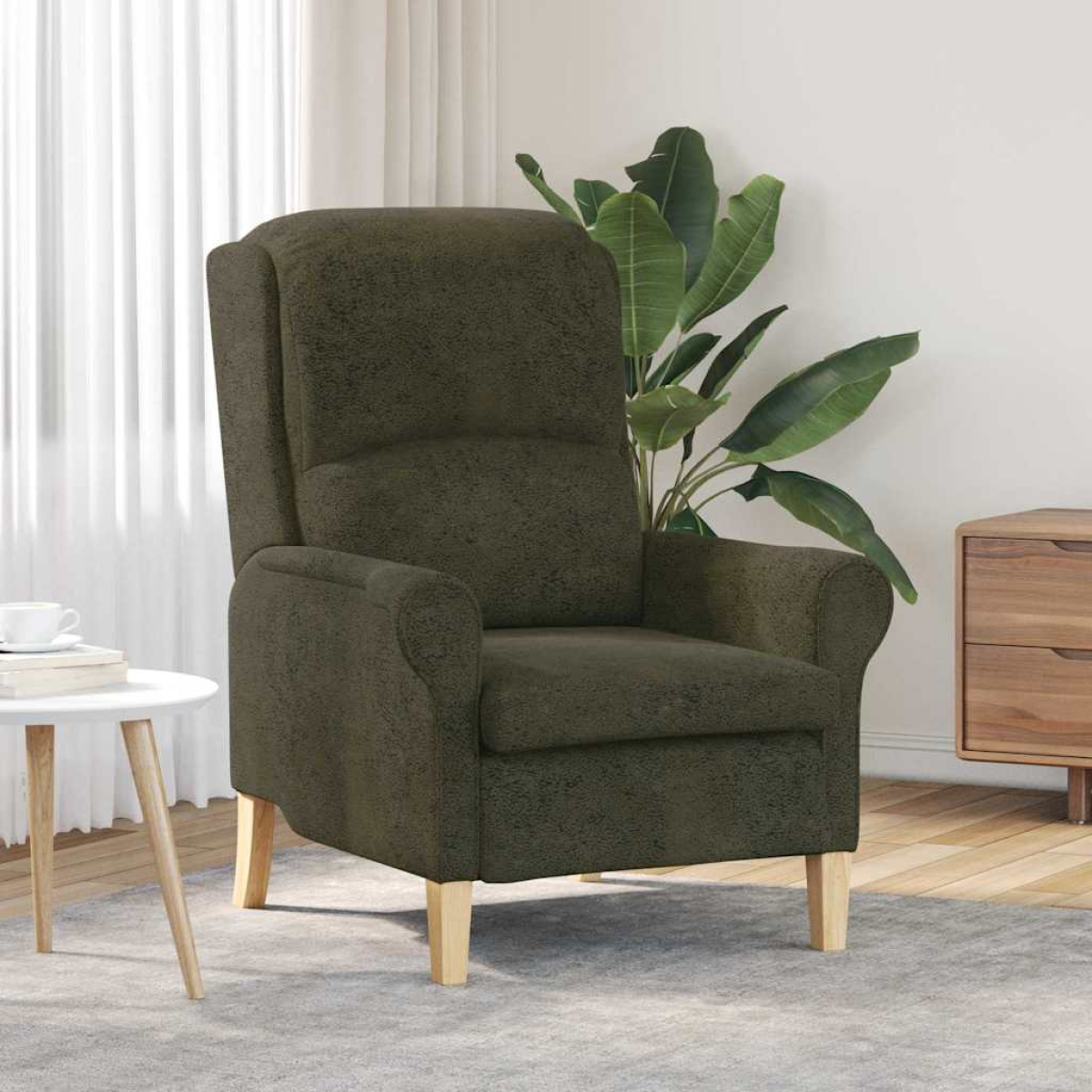 VidaXL armchair 76 x 94 x 102 cm in brown faux leather with light wooden legs in a modern living room.