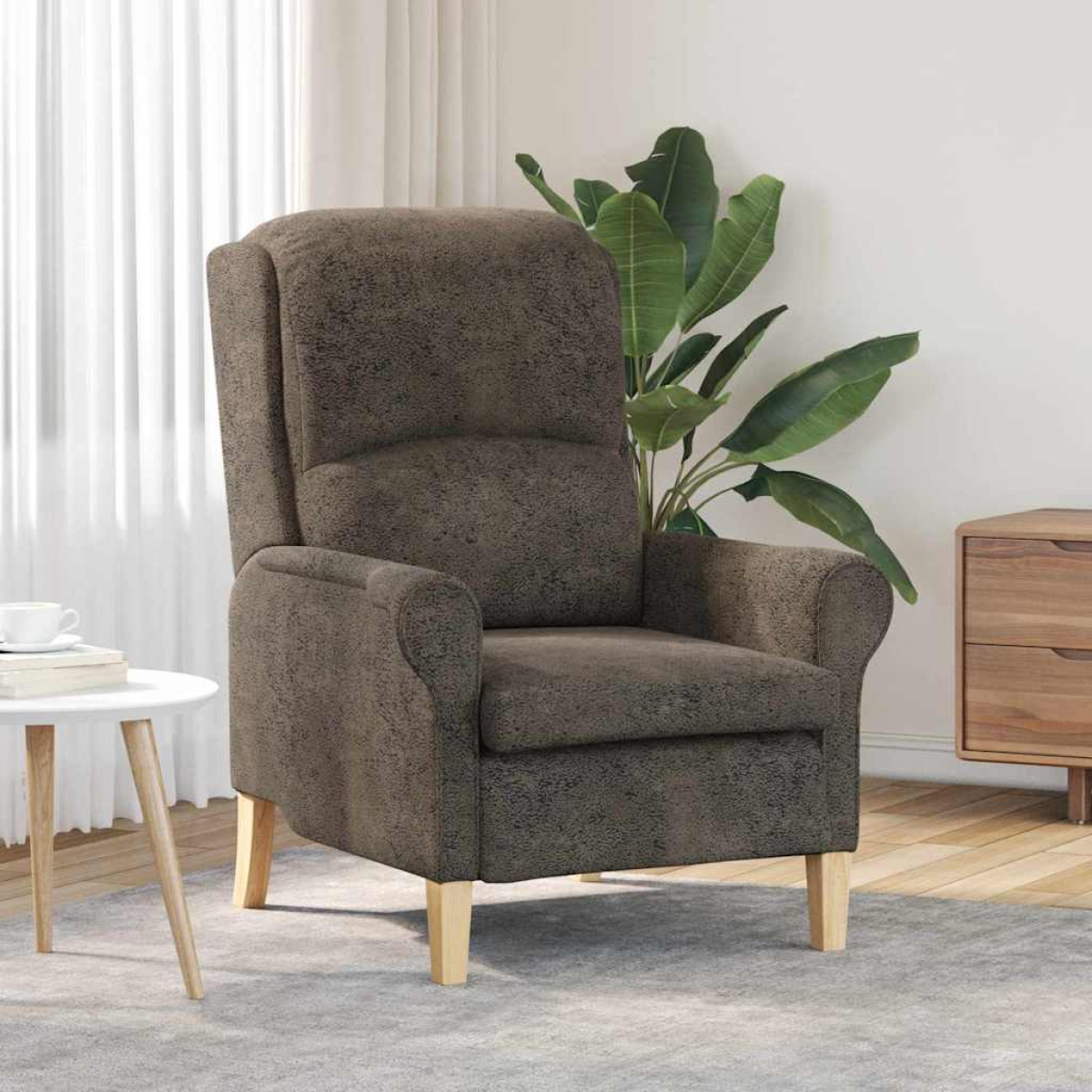 VidaXL Armchair in brown faux leather with light wood legs, 76 x 94 x 102 cm, modern living room.