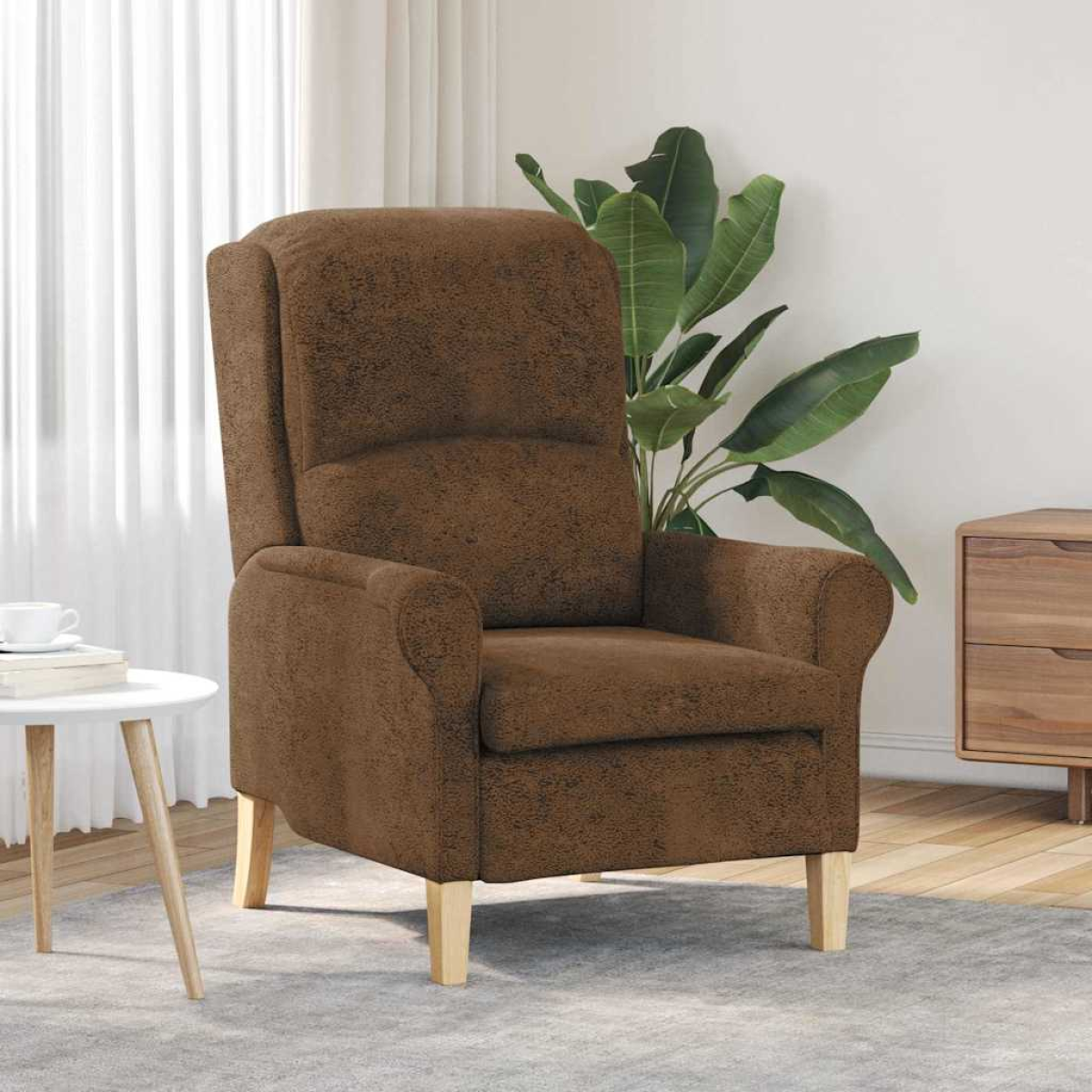 VidaXL brown faux leather armchair with light wood legs, ergonomic high back, 76 x 94 x 102 cm, living room.