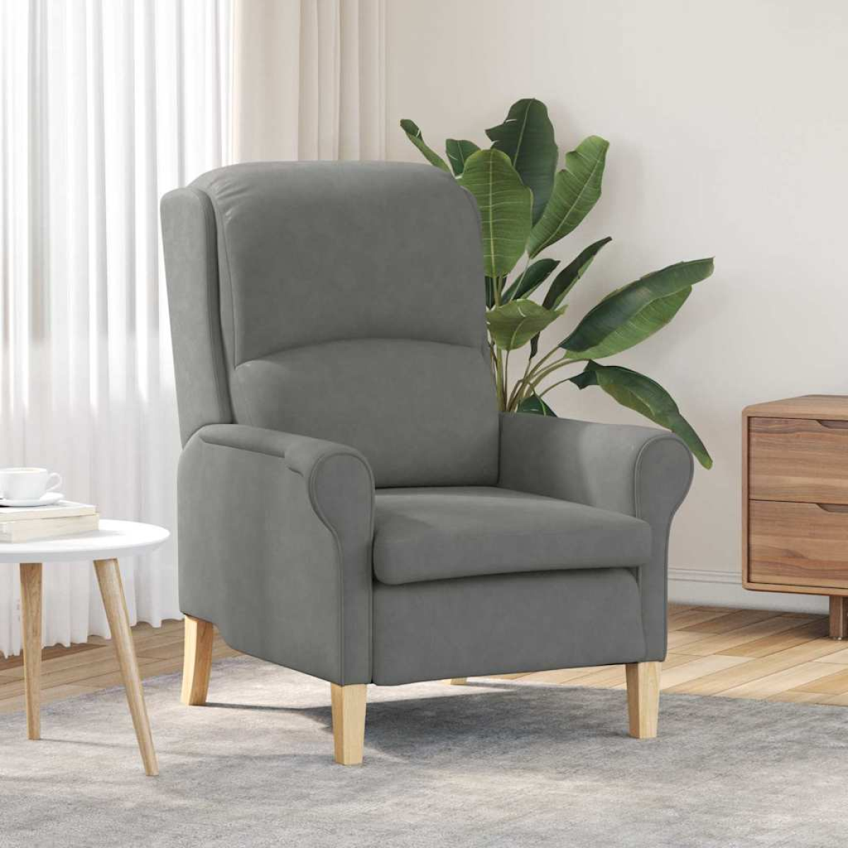 VidaXL Taupe microfibre armchair, 76x94x102 cm, with light wood legs in a modern living room.