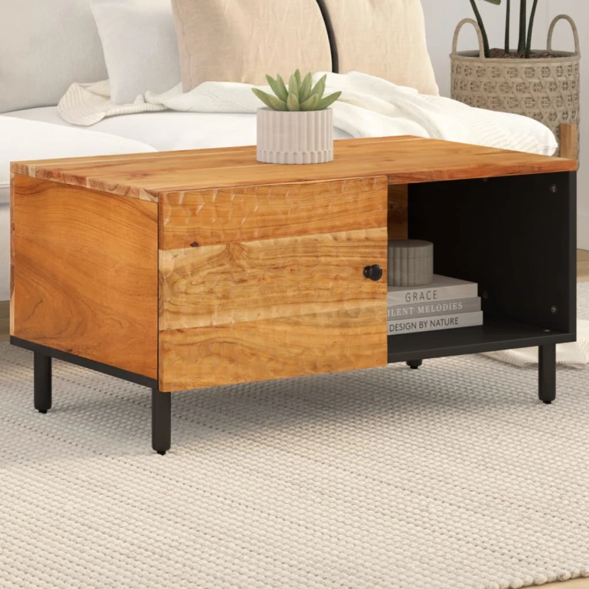 VidaXL Coffee Table 80x50x40 cm Solid Mango Wood With Black Frame And Storage Shelf For Living Room by vidaXL
