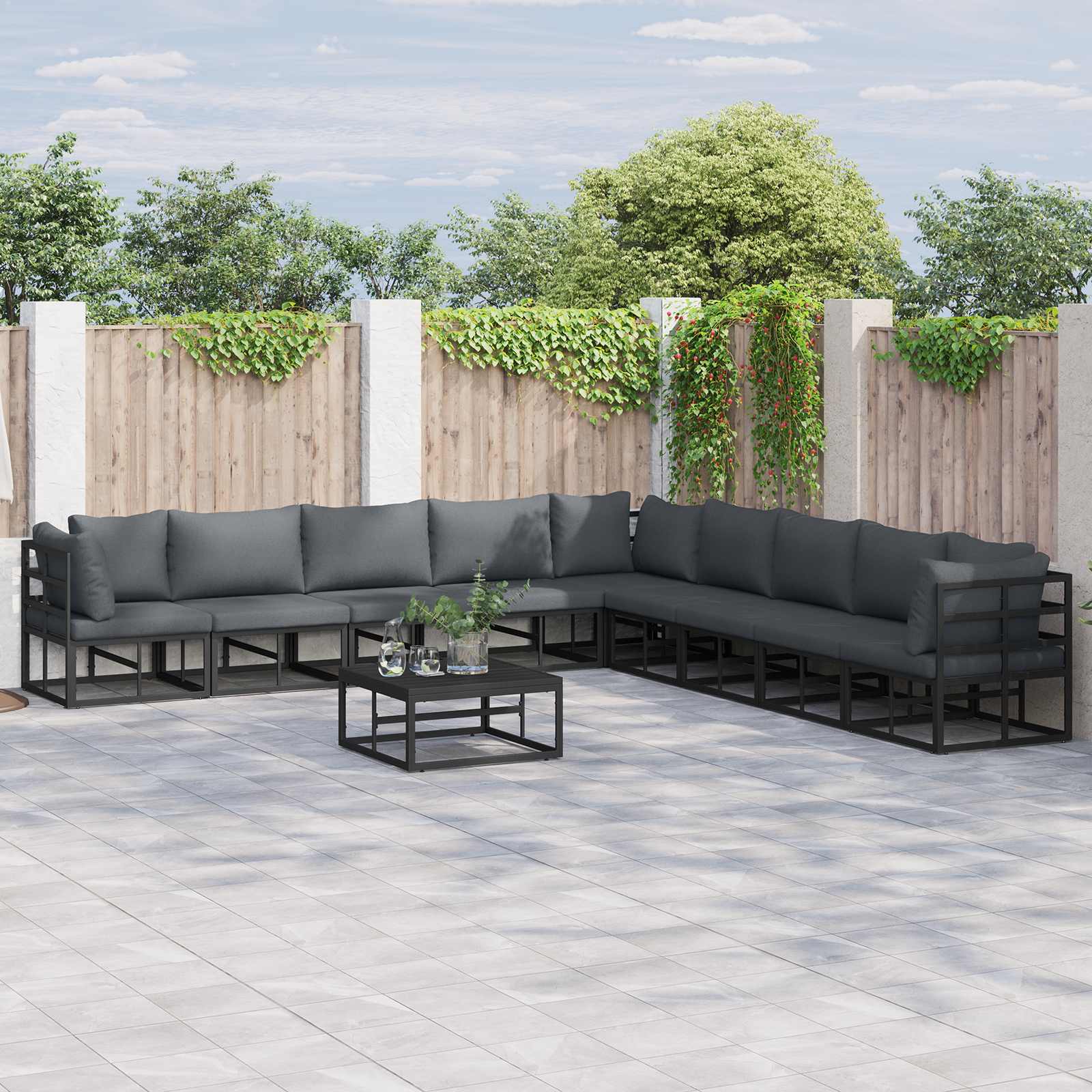 vidaXL vidaXL Garden Sofa Set with Cushion 9 pcs Black Aluminium - Garden Sofa Sets