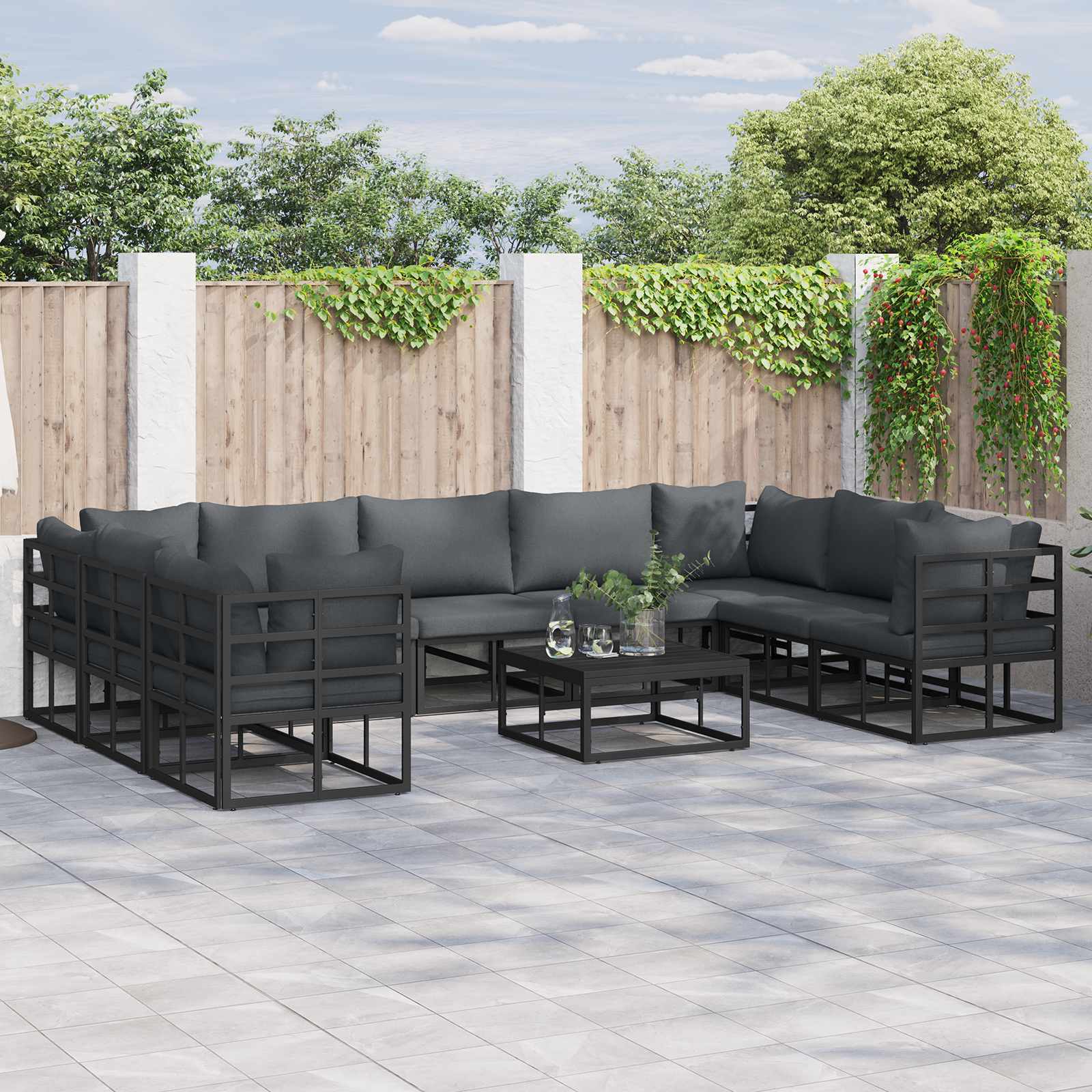 vidaXL vidaXL Garden Sofa Set with Cushion 9 pcs Black Aluminium - Garden Sofa Sets