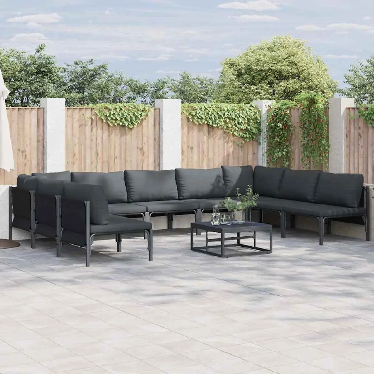 vidaXL vidaXL Garden Sofa Set with Cushion 9 pcs Black Steel - Garden Sofa Sets