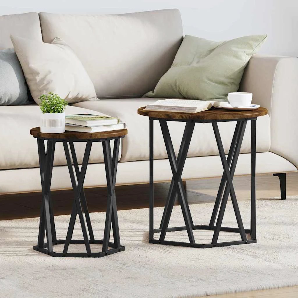 vidaXL VidaXL Round Coffee Tables 2pc Oak Steel Modern - Coffee Table