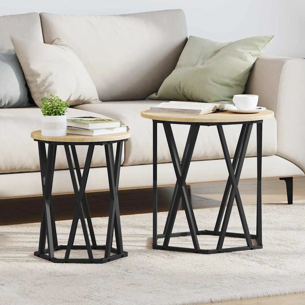 vidaXL VidaXL Round Coffee Tables 2pc Oak Steel Modern - Coffee Table