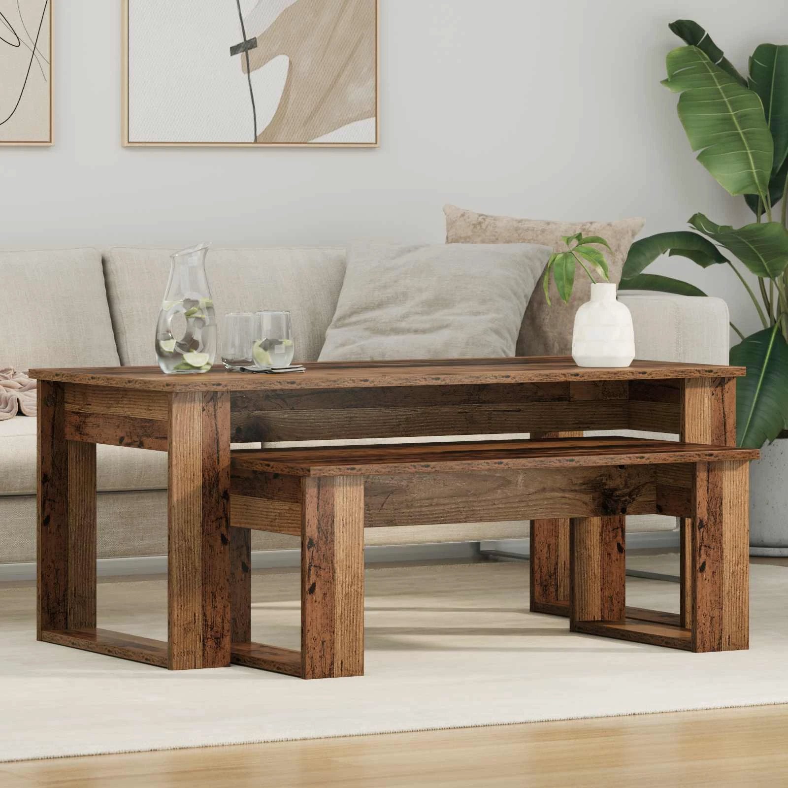 vidaXL VidaXL Coffee Table Set Two Piece White Engineered Wood Durable Rustic Look Living Room - Coffee Table