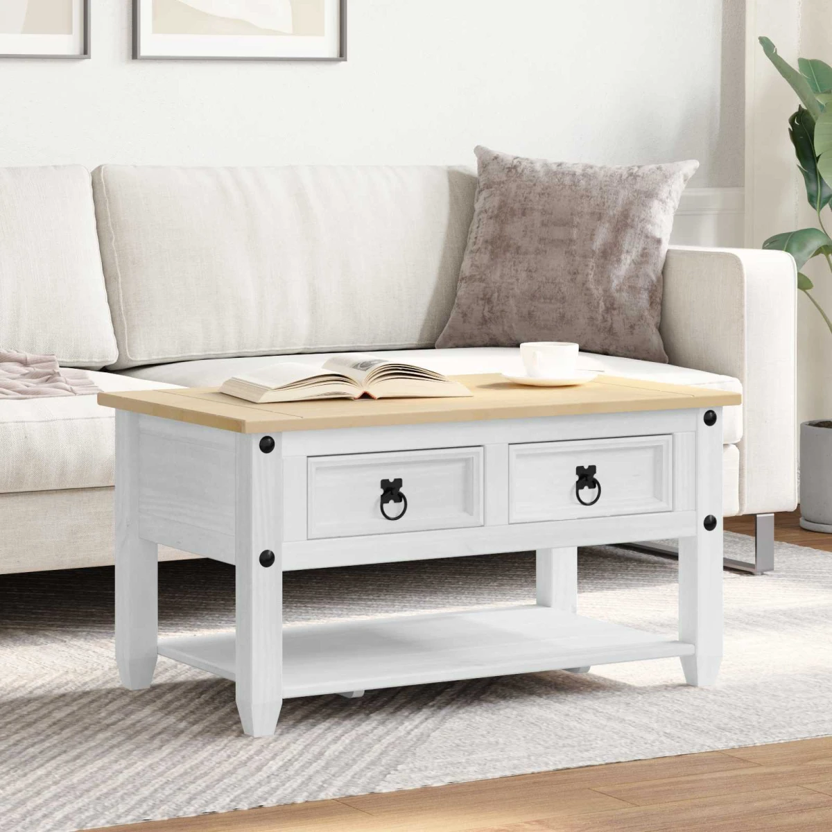 vidaXL VidaXL Rustic White Coffee Table With Drawer 85 X 50 X 45 cm Solid Pine Wood Modern Living Room - Coffee Table