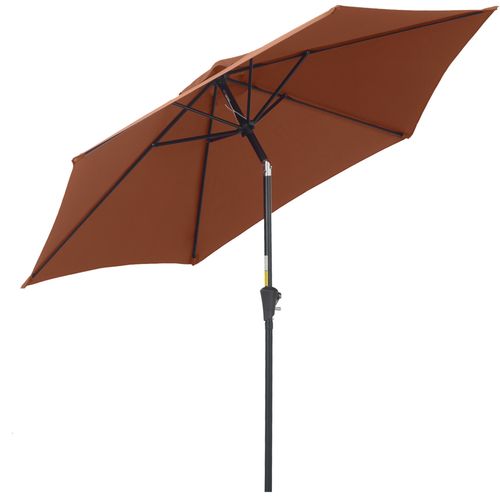 Stylish Outsunny 2.7M Patio Tilt Umbrella with Aluminium Frame and Crank for Outdoor Sun Protection in rich brown color.