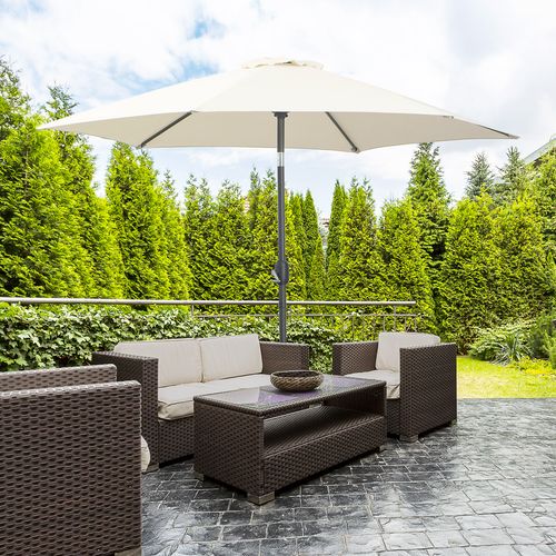 Stylish Outsunny 2.7M Patio Tilt Umbrella with Aluminium Frame and Crank offers perfect outdoor sun protection.