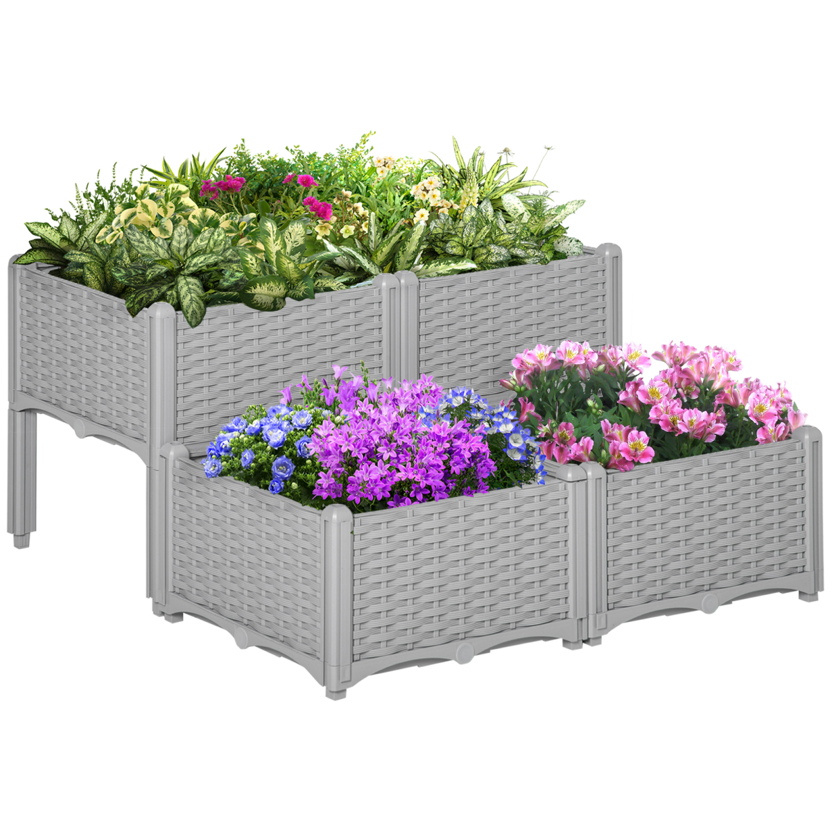 Outsunny two-tier raised planter boxes on a weatherproof frame with four gray wicker planters filled with flowers.