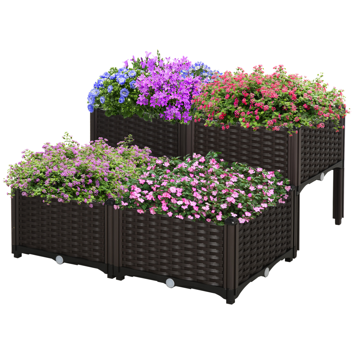 Outsunny two-tier raised planters on a brown weatherproof frame with gray panels, blooming flowers.