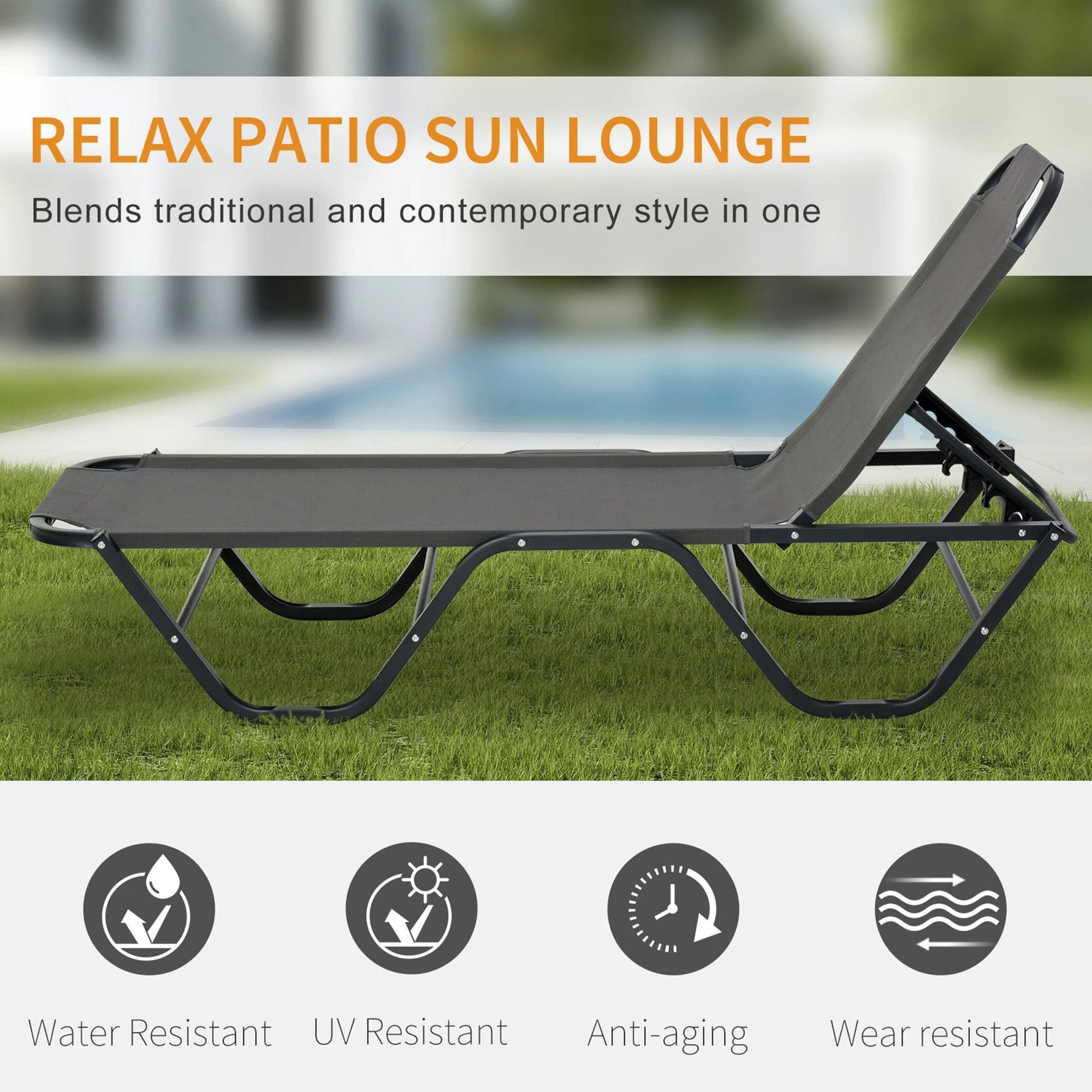 Sun Lounger Relaxer Recliner 5-Position Adjustable Backrest Lightweight Frame by Outsunny