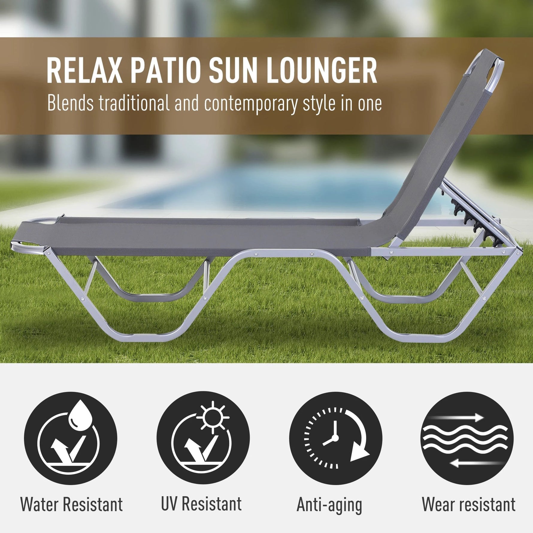 Sun Lounger Relaxer Recliner 5-Position Adjustable Backrest Lightweight Frame by Outsunny