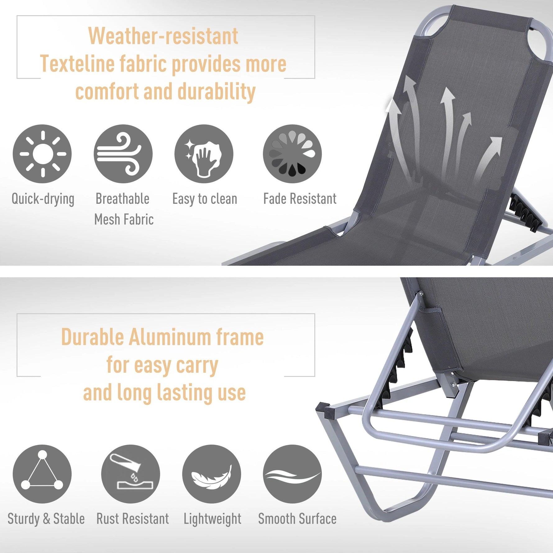 Sun Lounger Relaxer Recliner 5-Position Adjustable Backrest Lightweight Frame by Outsunny
