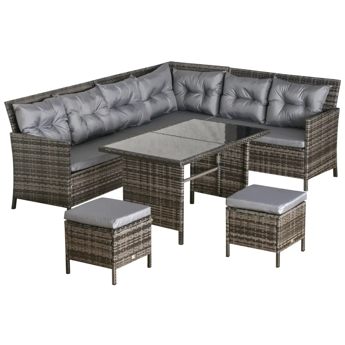 Outsunny 6PC Garden Rattan Corner Dining Sofa 7-seater Wicker Table Foot Stool - Garden Sofa Sets