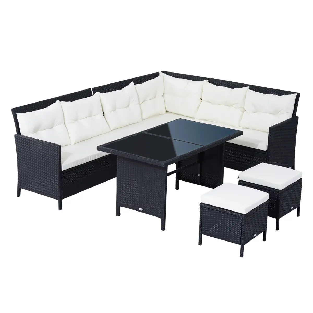Outsunny 6PC Garden Rattan Corner Dining Sofa 7-seater Wicker Table Foot Stool - Garden Sofa Sets