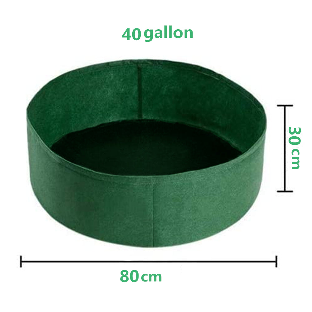 Green durable grow bag, round 80 cm diameter and 30 cm high, breathable gardening bag for patios and balconies.