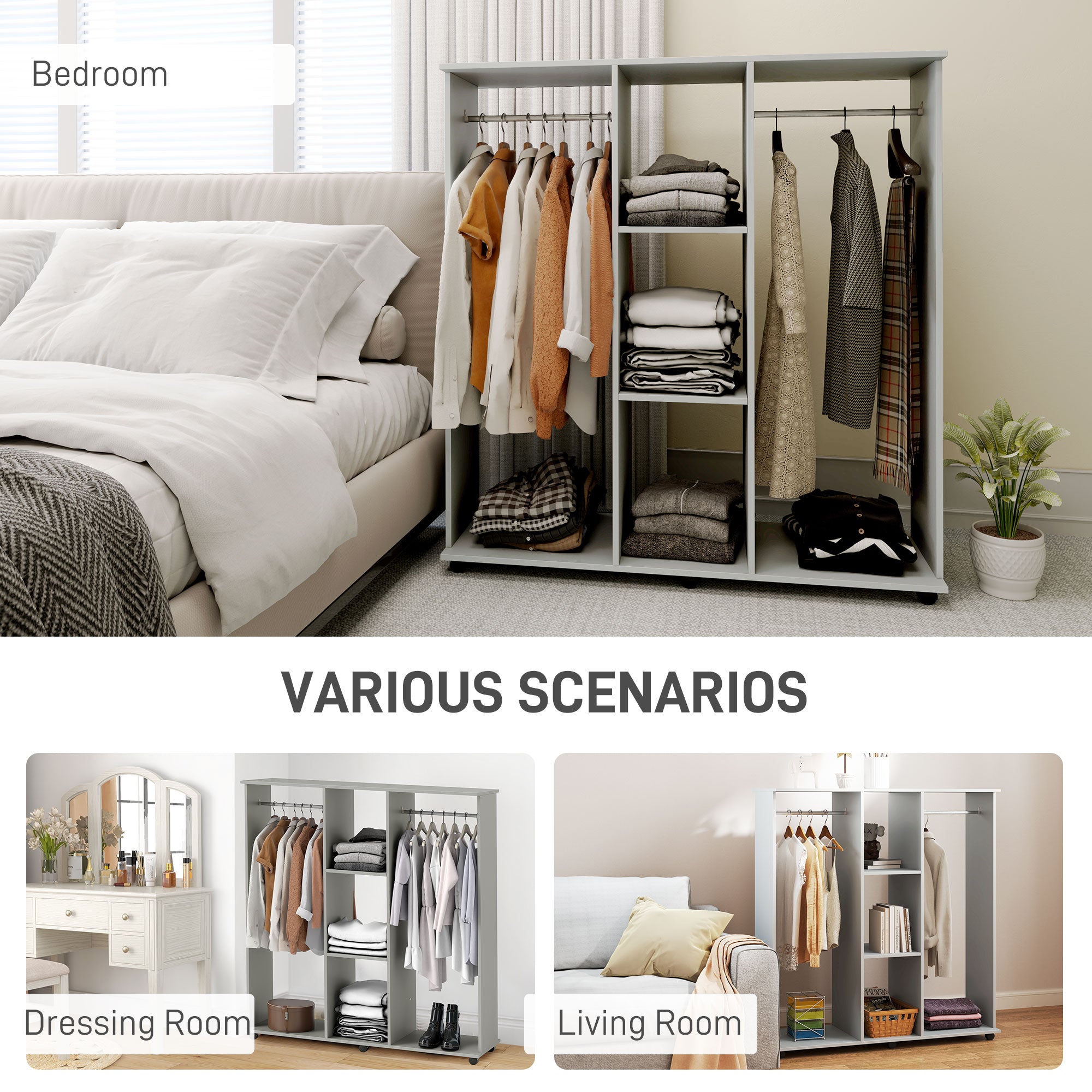 HOMCOM Mobile Double Open Wardrobe w/ Clothes Hanging Rail Clothing Grey - Home Symphony