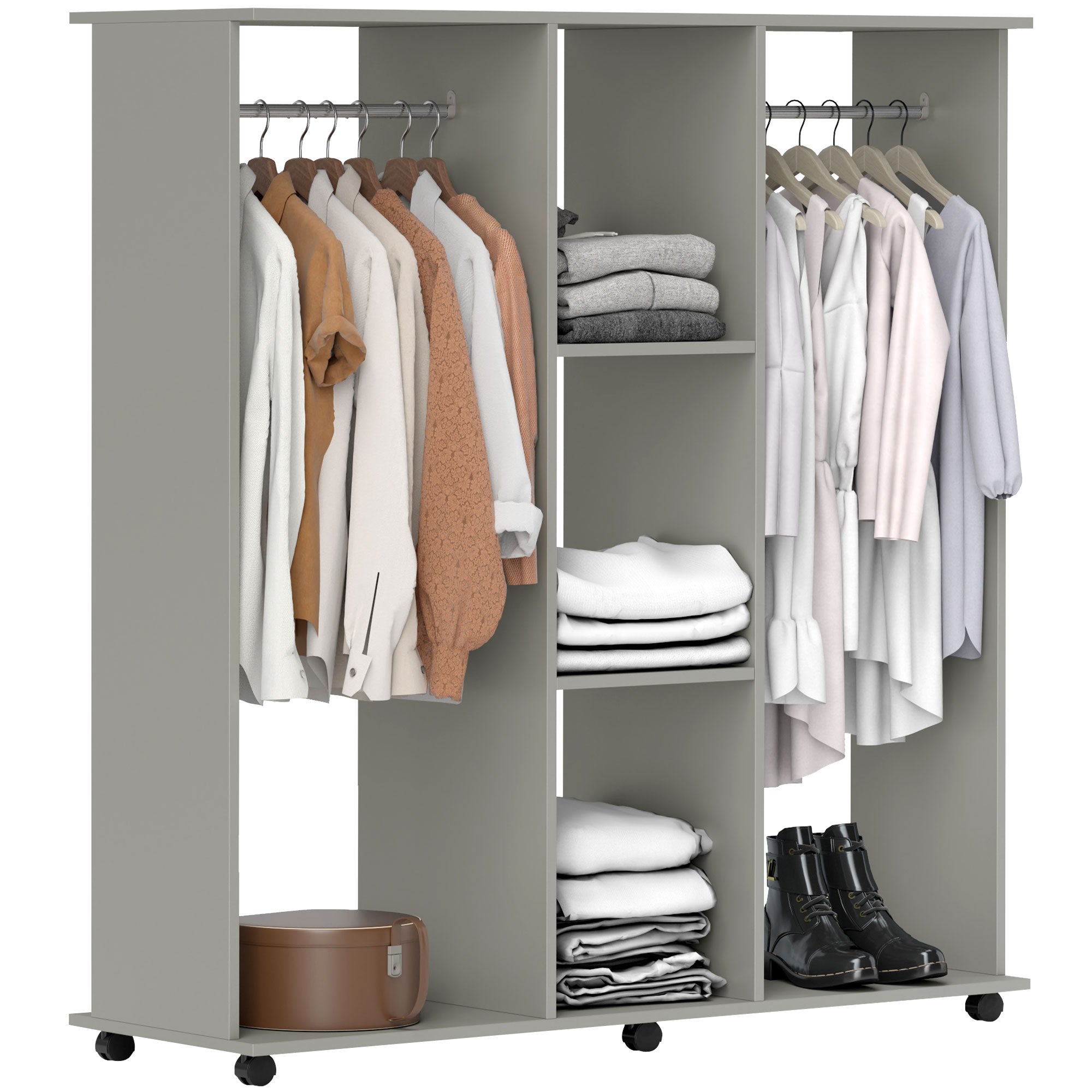 HOMCOM Mobile Double Open Wardrobe w/ Clothes Hanging Rail Clothing Grey - Home Symphony