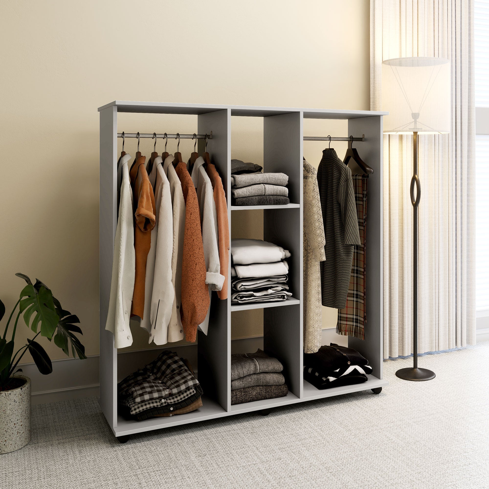 HOMCOM Mobile Double Open Wardrobe w/ Clothes Hanging Rail Clothing Grey - Home Symphony