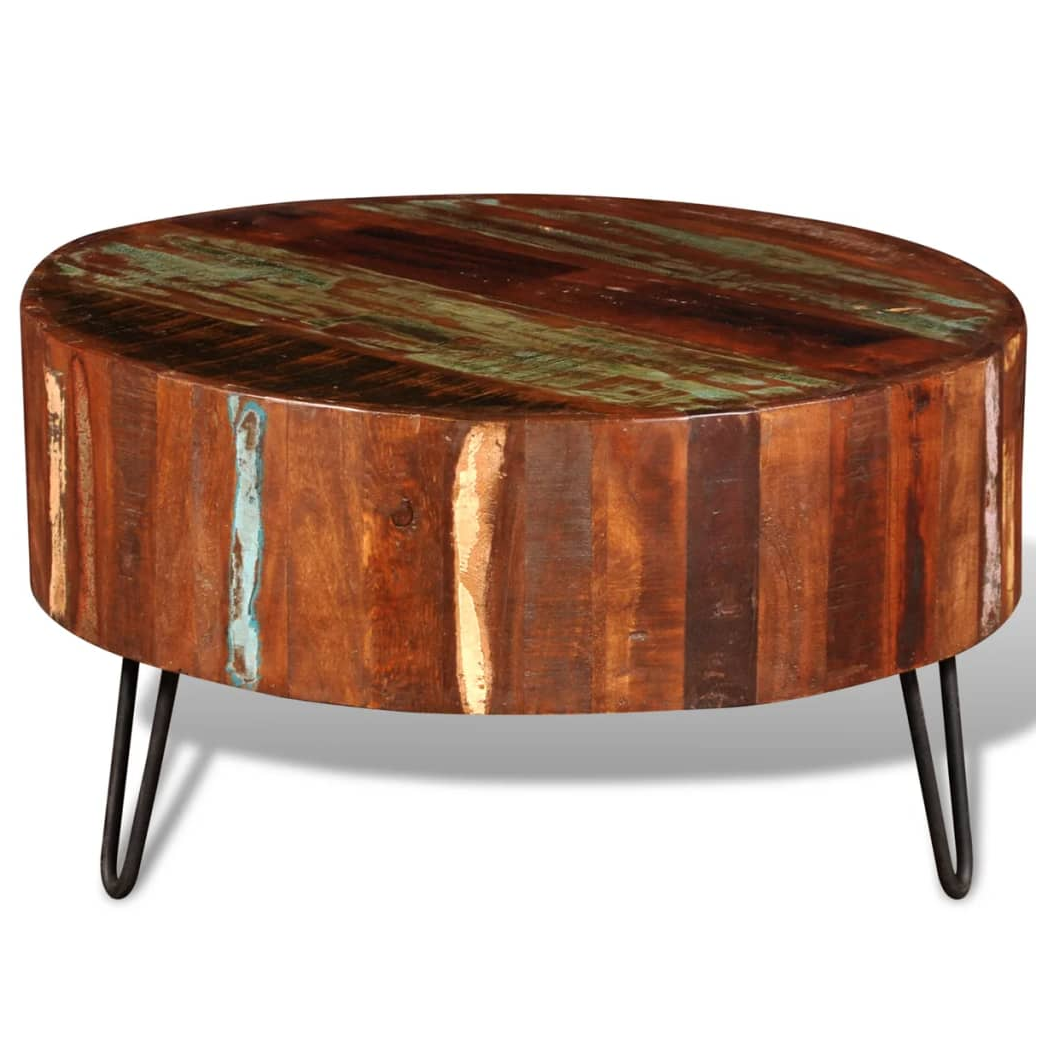 VidaXL Round Reclaimed Wood Coffee Table With Solid Top And Iron Hairpin Legs For Living Rooms
