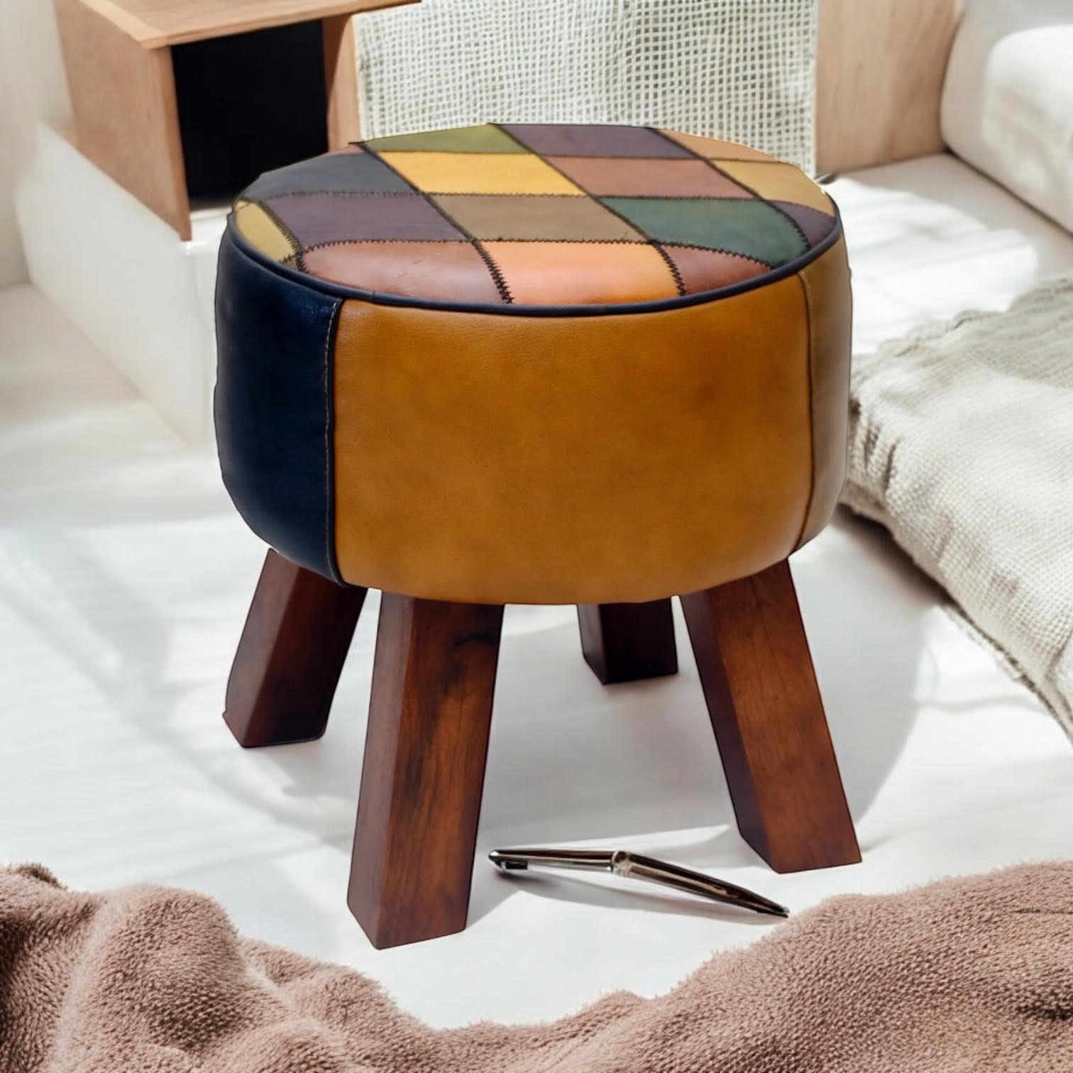 Premium Leather Stool 42cm Harlequin Pattern Home - MSL - Home Symphony