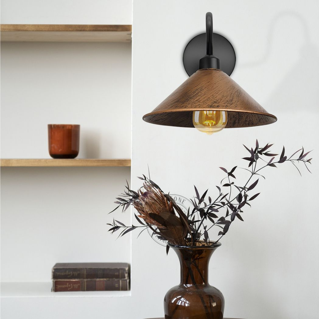 Brushed Copper Wall Light E27 Base Swan Neck Cone Shade - Home Symphony, with black arm and round wall mount.
