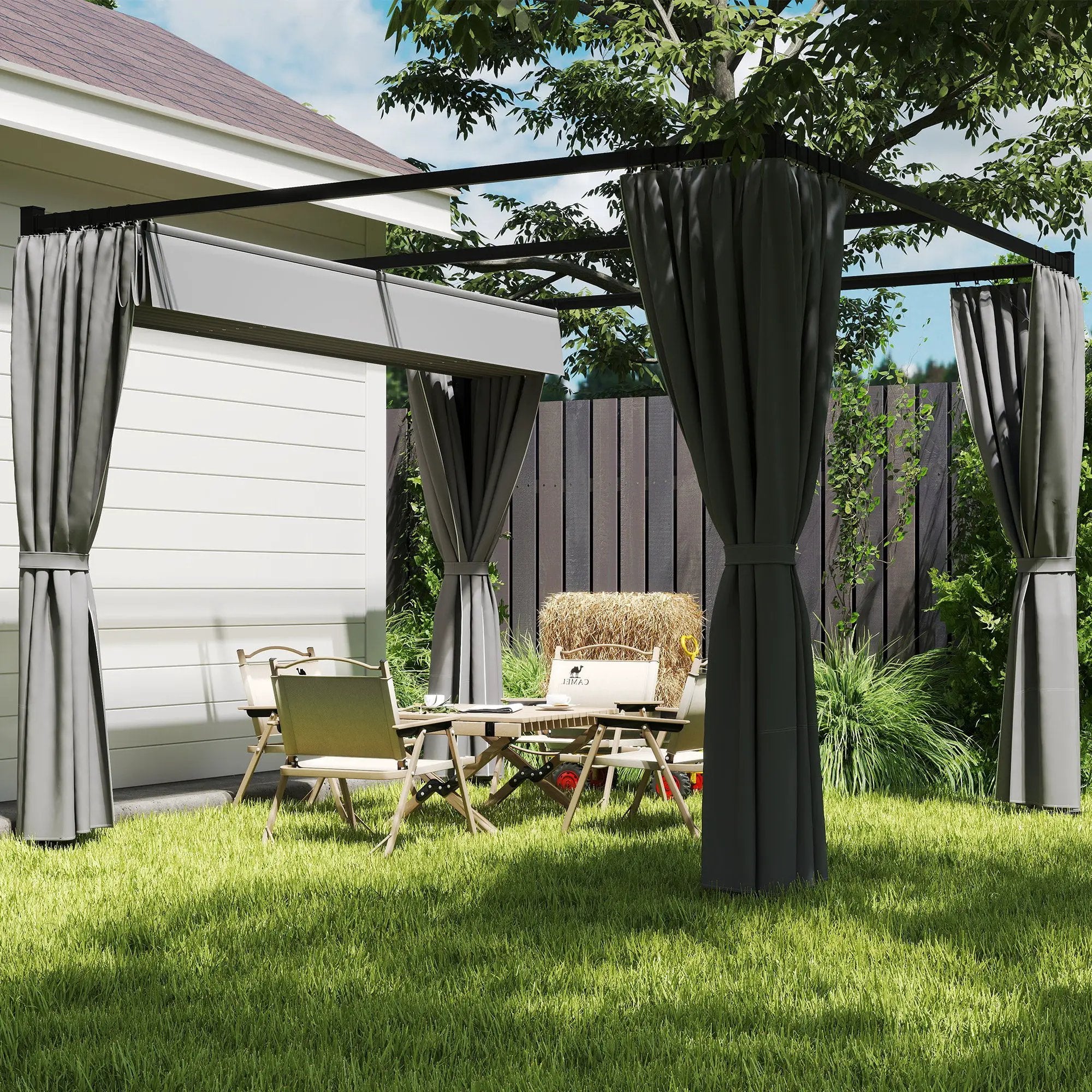 Outsunny Outsunny 3 x 3(m) Pergola with Retractable Roof and Curtains, Light Grey - Gazebos