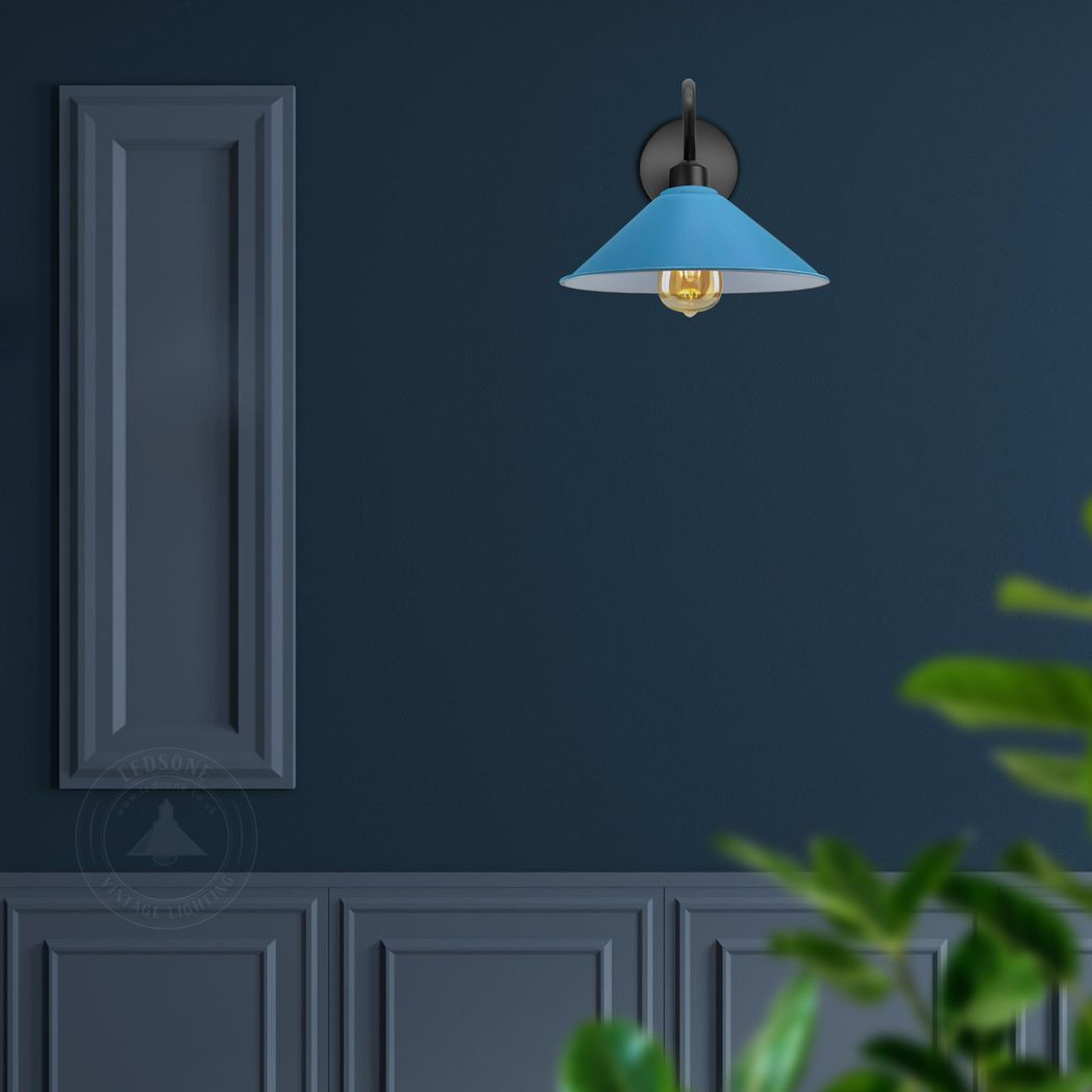 Premium Wall Light Cone Shade Swan Neck E27 Base Blue Home wall lamp with blue cone shade and swan neck arm.