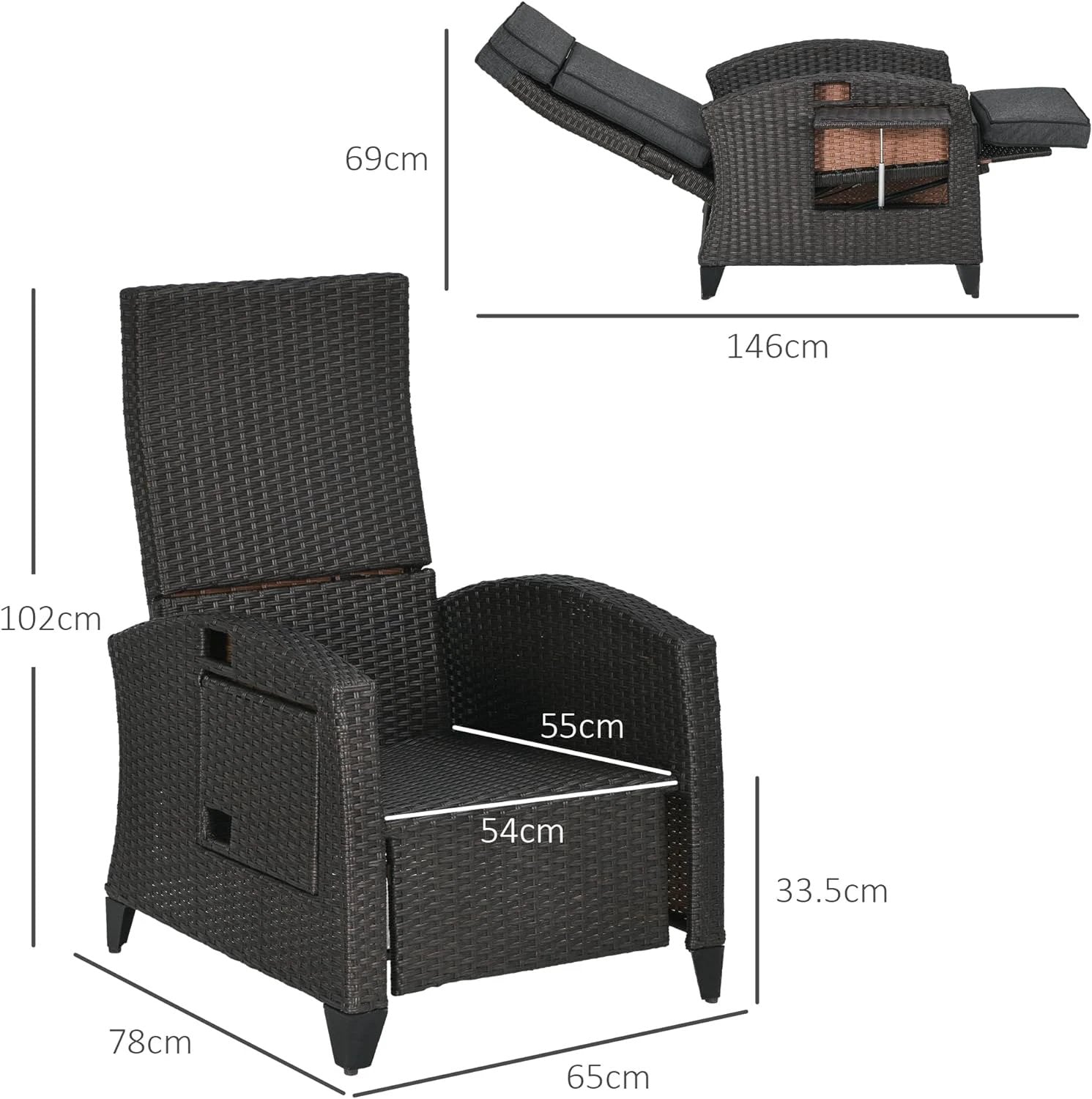 Outsunny Outdoor Recliner Chair with Cushion Rattan Reclining Lounge Chair by Outsunny