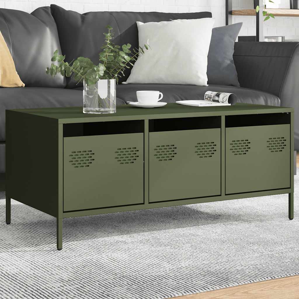 VidaXL Industrial Coffee Table 101.5x50x43.5 cm Cold Rolled Steel Olive Green Storage Cabinets For Living Room - vidaXL - Home Symphony