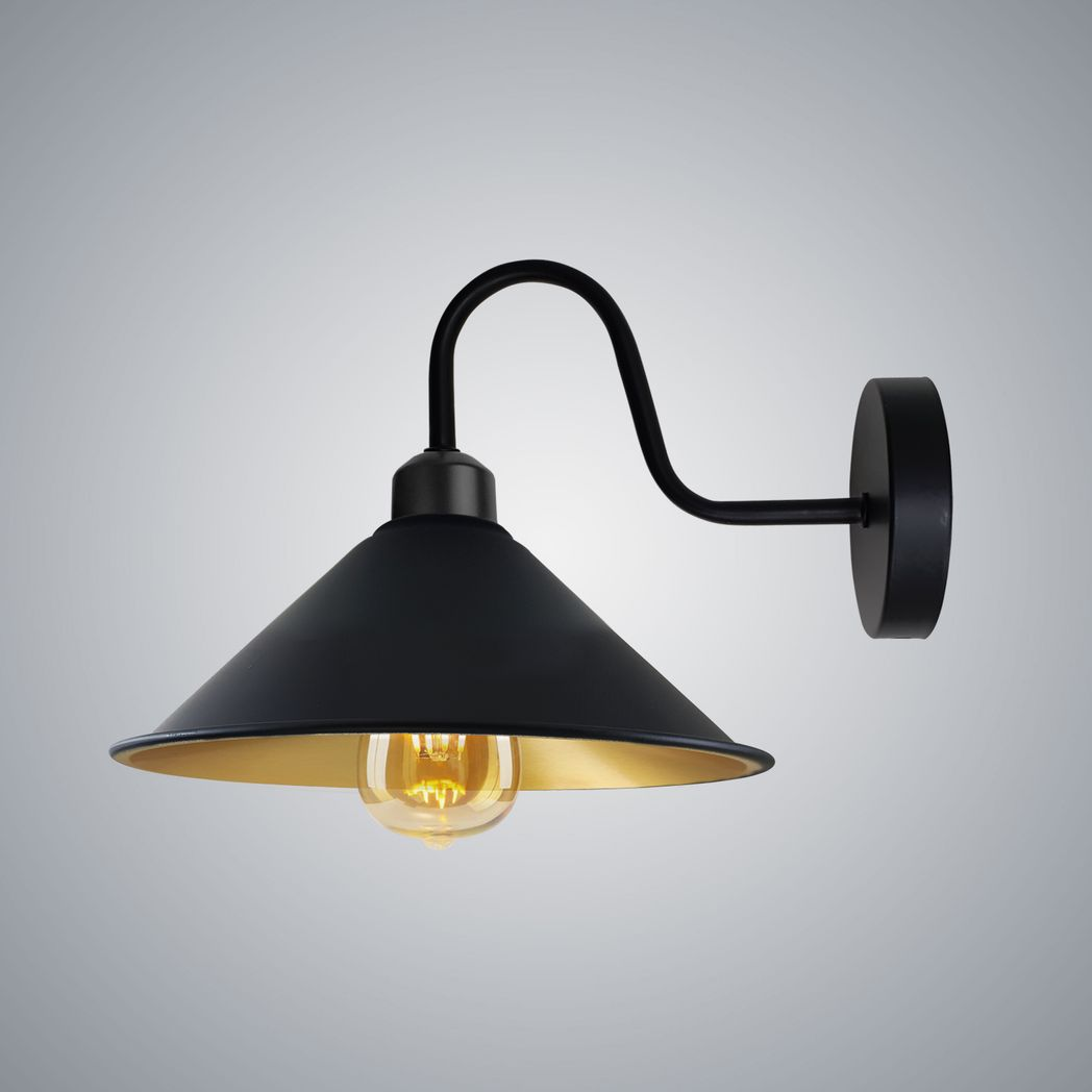 Home Symphony Premium Wall Light Cone 8in Gold Inner Shade Swan Neck E27 on a black wall mount, warm glow.