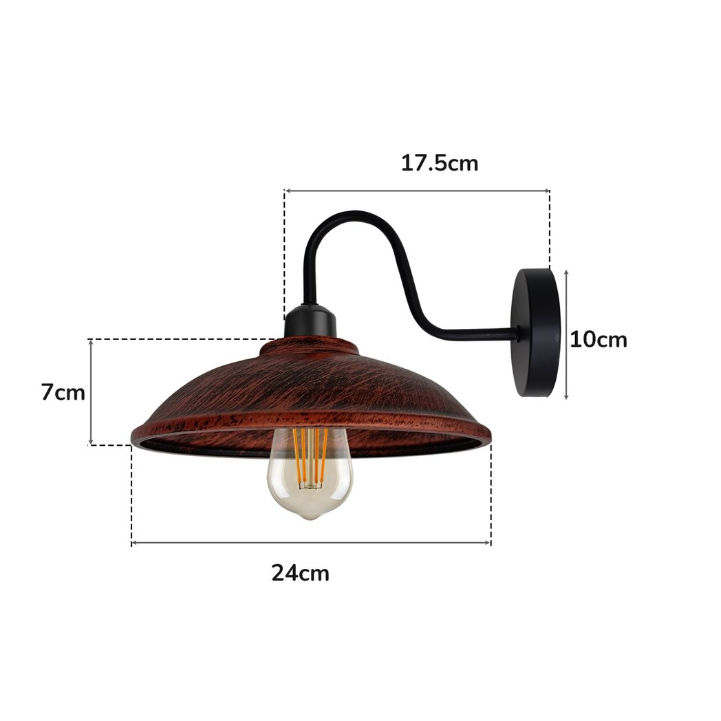 Home Symphony Rustic Red Wall Sconce 8in E27 Swan Neck Hemisphere Shade on black arm.