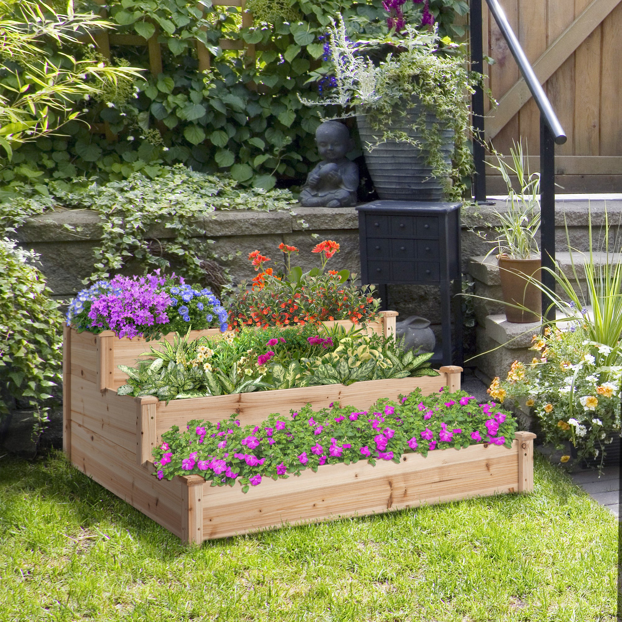Premium Raised Bed Planter 124x124x56 cm, three-tier wooden planter filled with colorful blooms in a garden