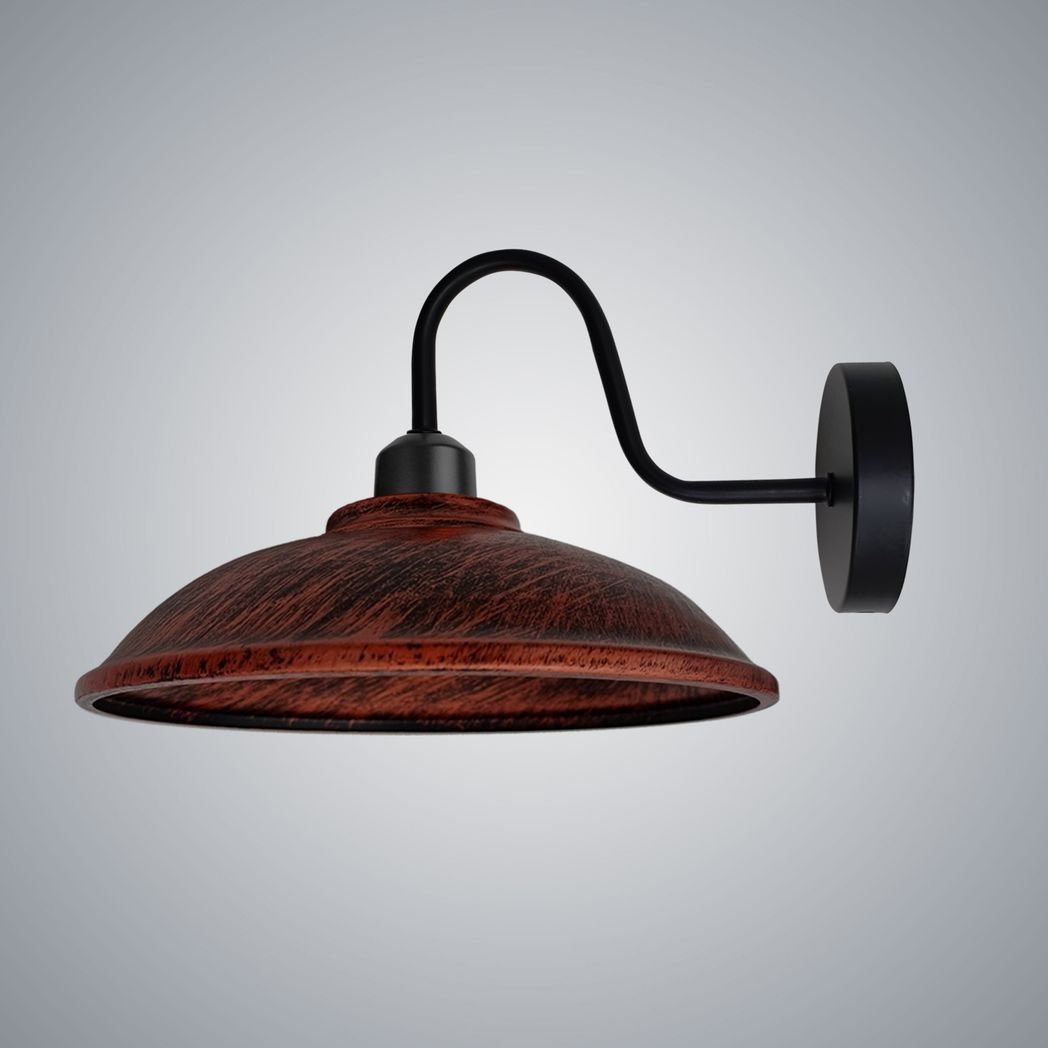 Rustic Red Wall Sconce 8in E27 Swan Neck Hemisphere Shade from Home Symphony, featuring a black swan-neck arm and wall mount.