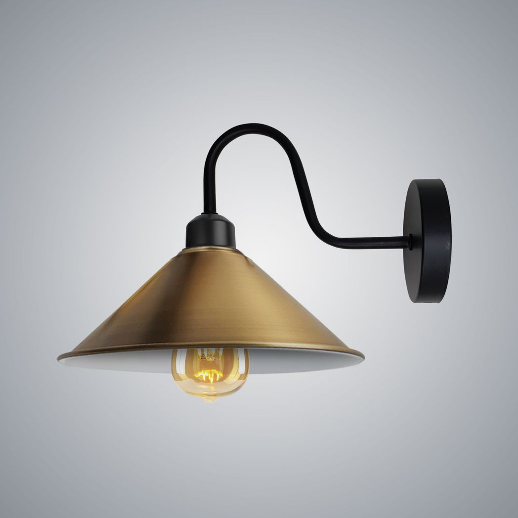 Premium Wall Light 8in Cone Shade Swan Neck Home Decor with curved black arm and brass shade.