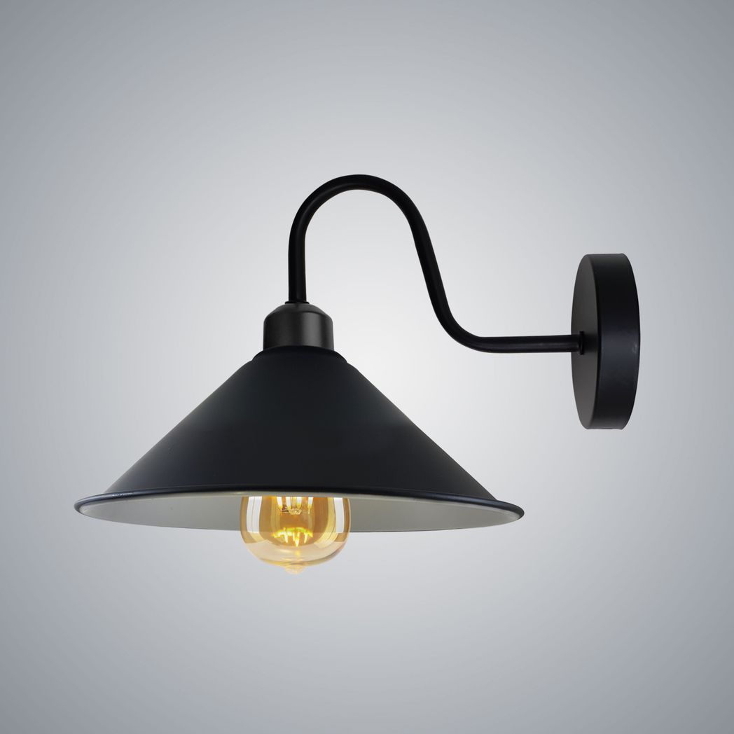 Premium Wall Sconce Cone Shade Swan Neck Dimmable Home by Home Symphony, black cone shade on a curved swan-neck arm.
