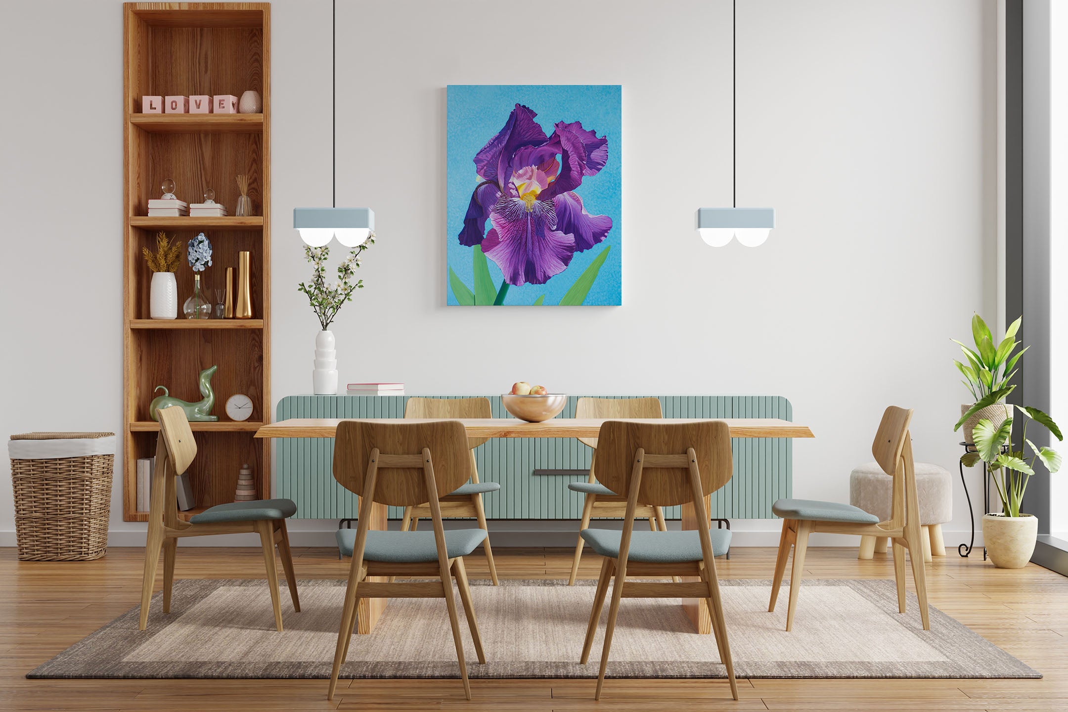 wooden dining room furniture set with flower wall art