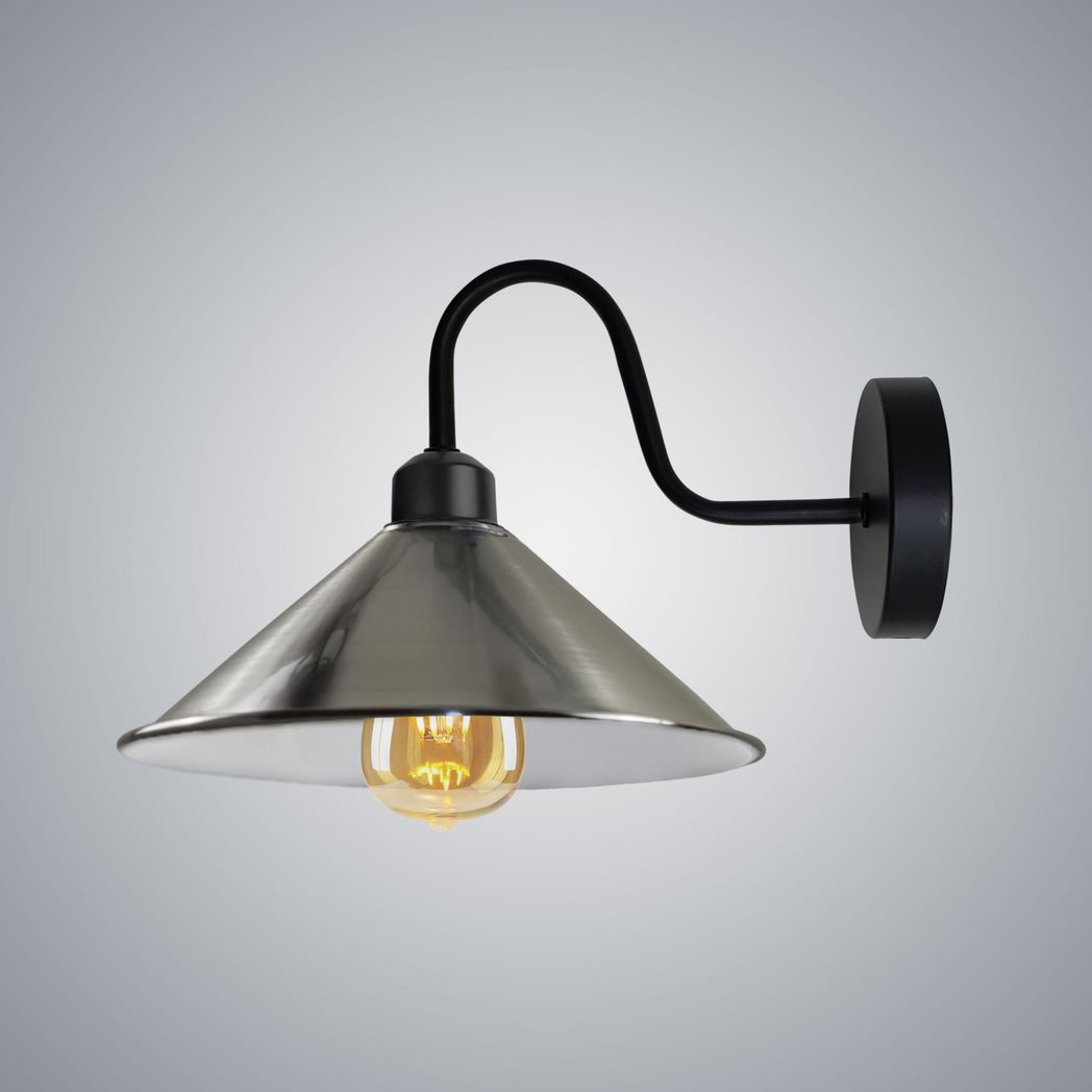 Home Symphony Premium Wall Light Satin Nickel Cone Shade Swan Neck Entry wall light with curved neck.