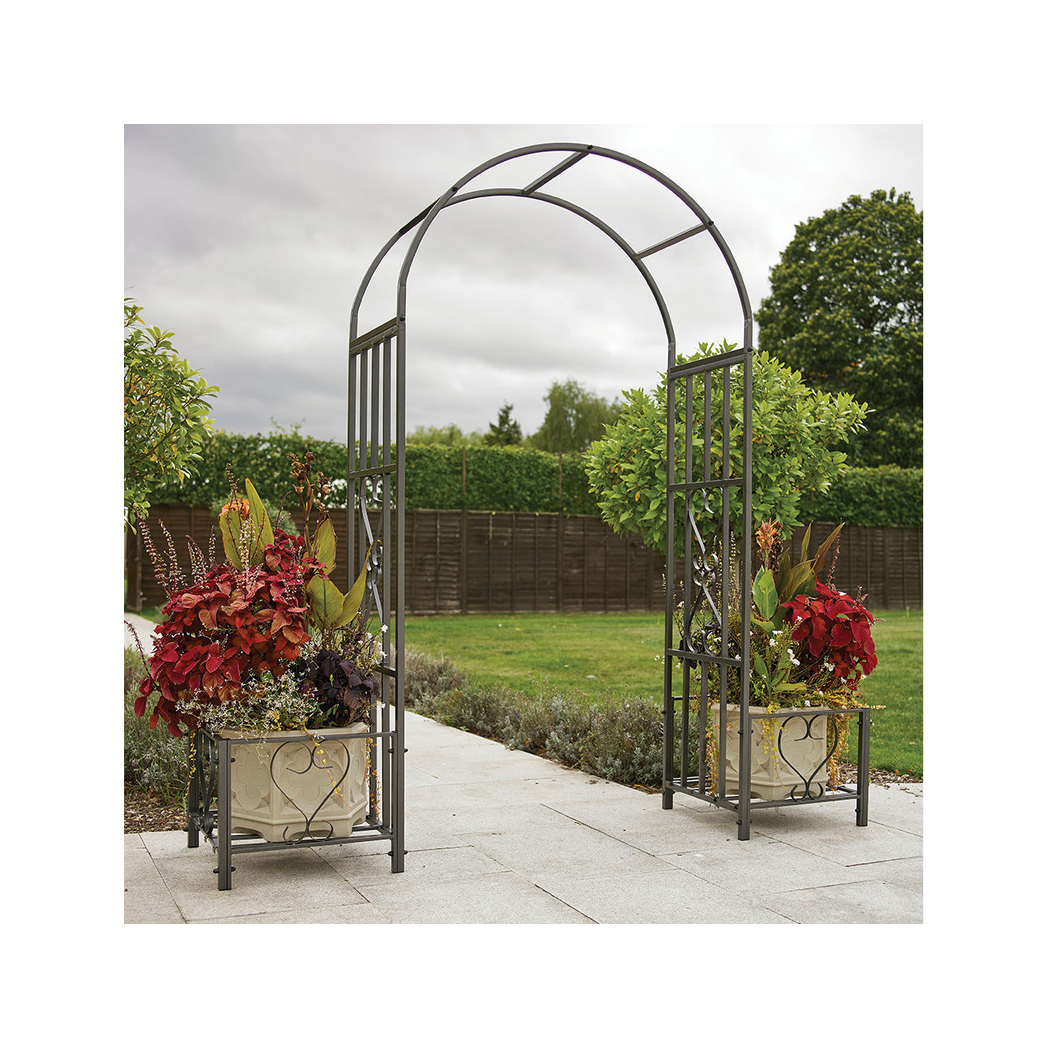 Huntingdon Arch Planters: sturdy steel arch with scrollwork and side planters for climbing plants.